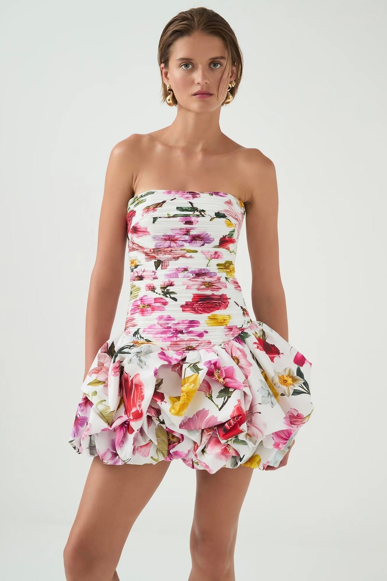Çiçek Desenli Straplez Mini Elbise