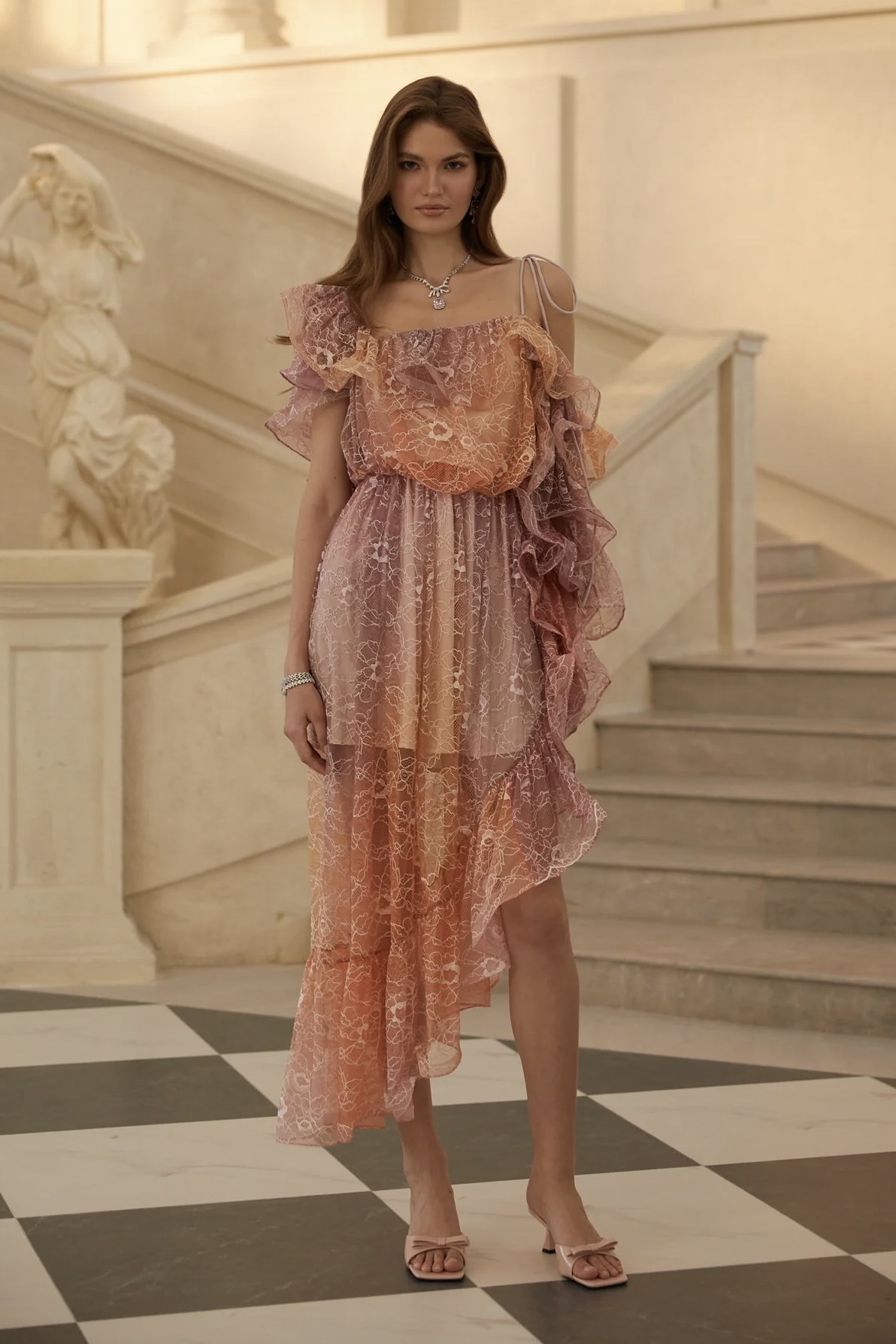 Desenli Asimetrik Midi Elbise