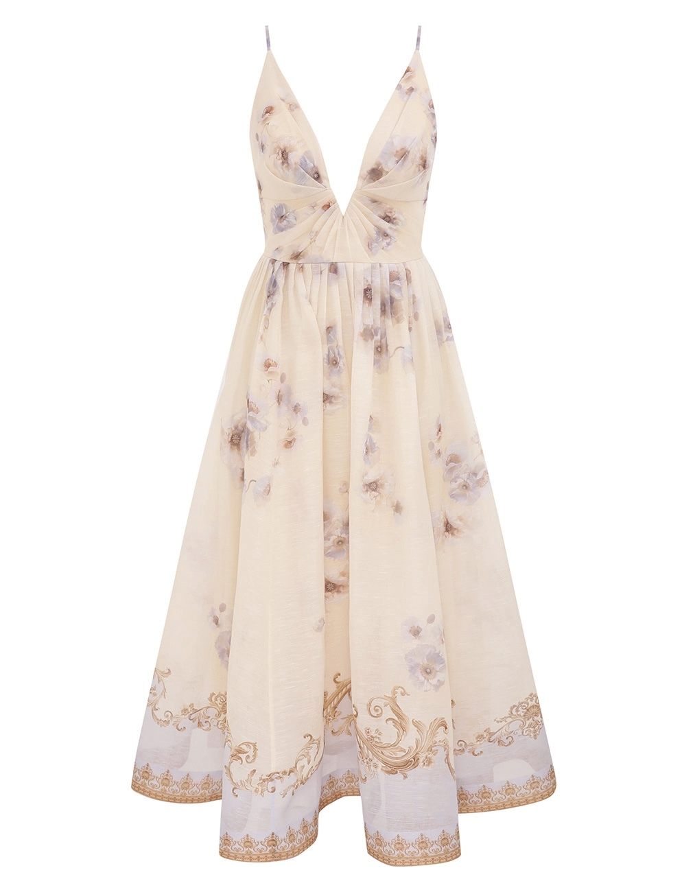 Desenli V Yaka Midi Elbise