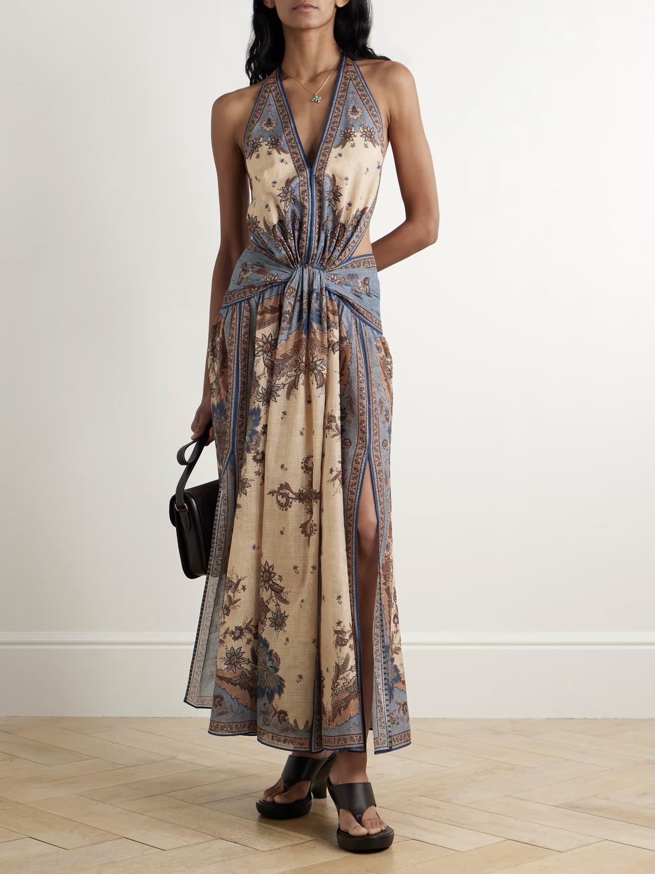 Desenli Yırtmaçlı Midi Elbise