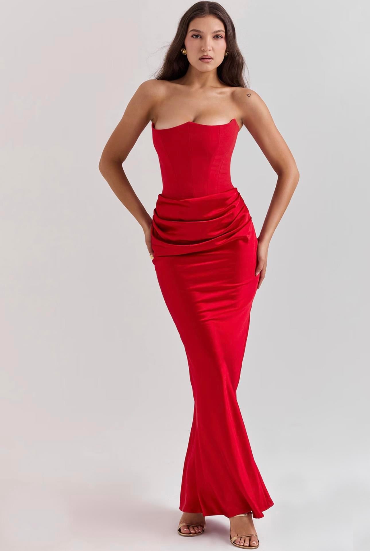 Drapeli Kırmızı Saten Elbise