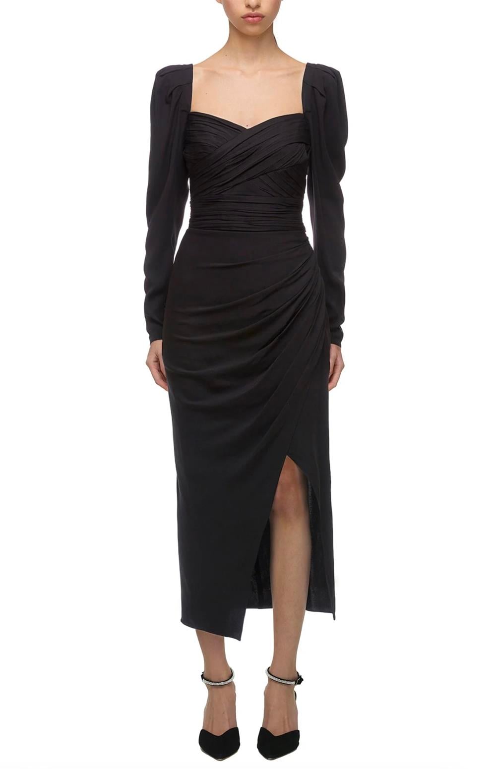 Drapeli Siyah Midi Elbise