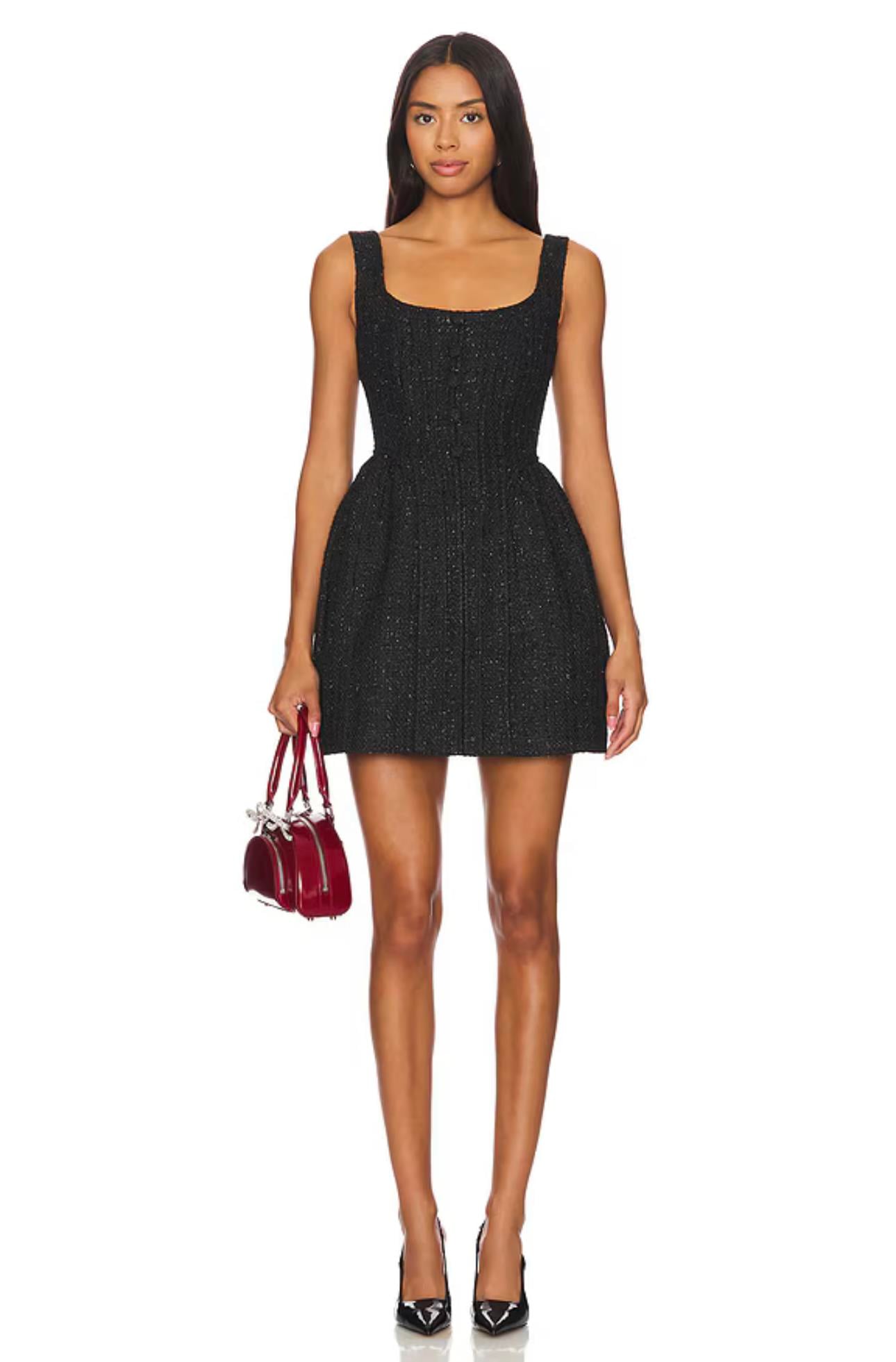 Düğme Detaylı Siyah Tüvit Mini Elbise