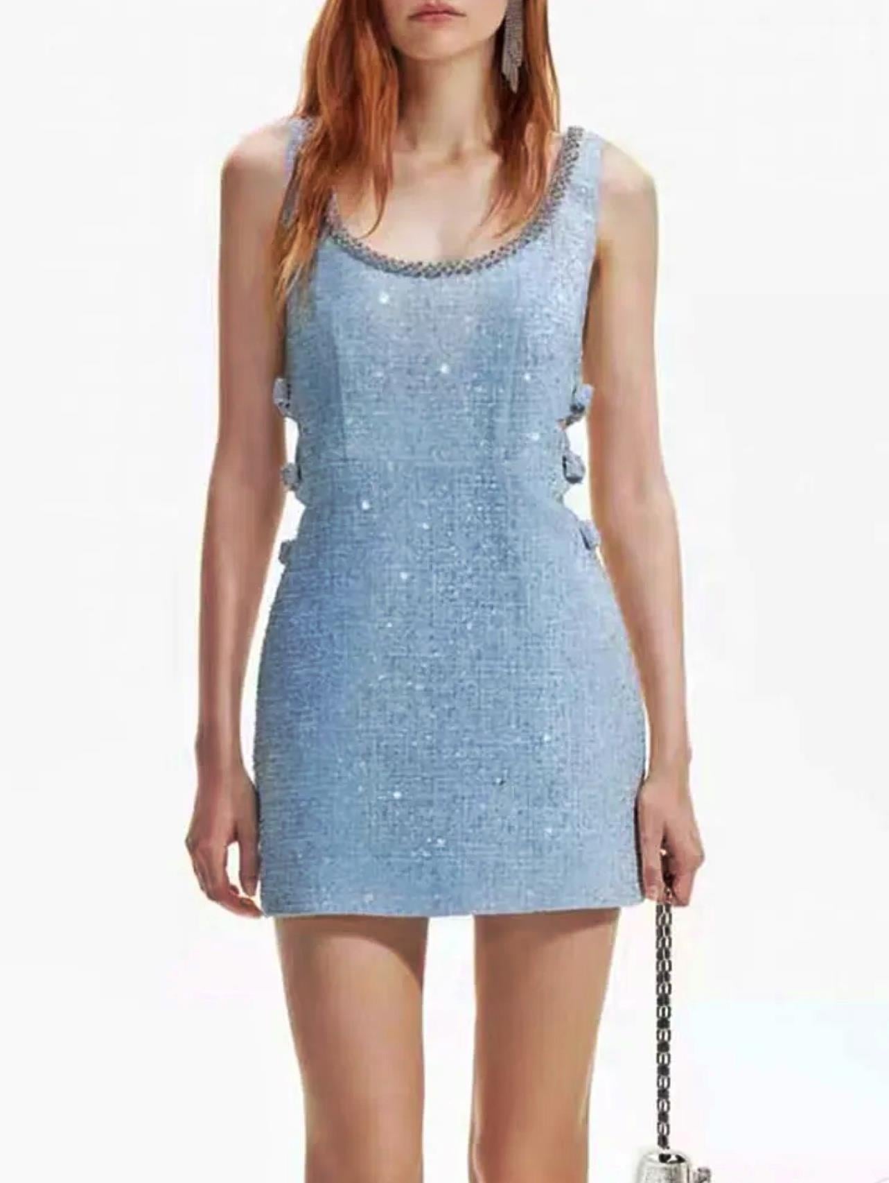 Fiyonk Detaylı Mavi Tüvid Mini Elbise