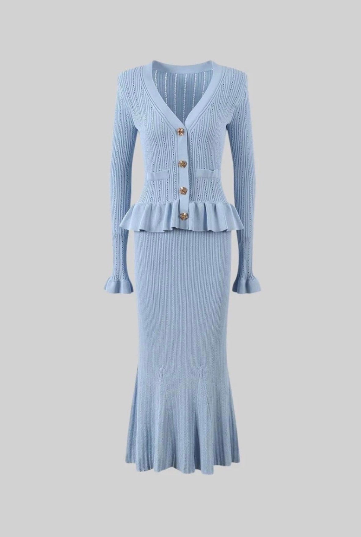 Gold Düğme Detaylı Mavi Triko Midi Elbise