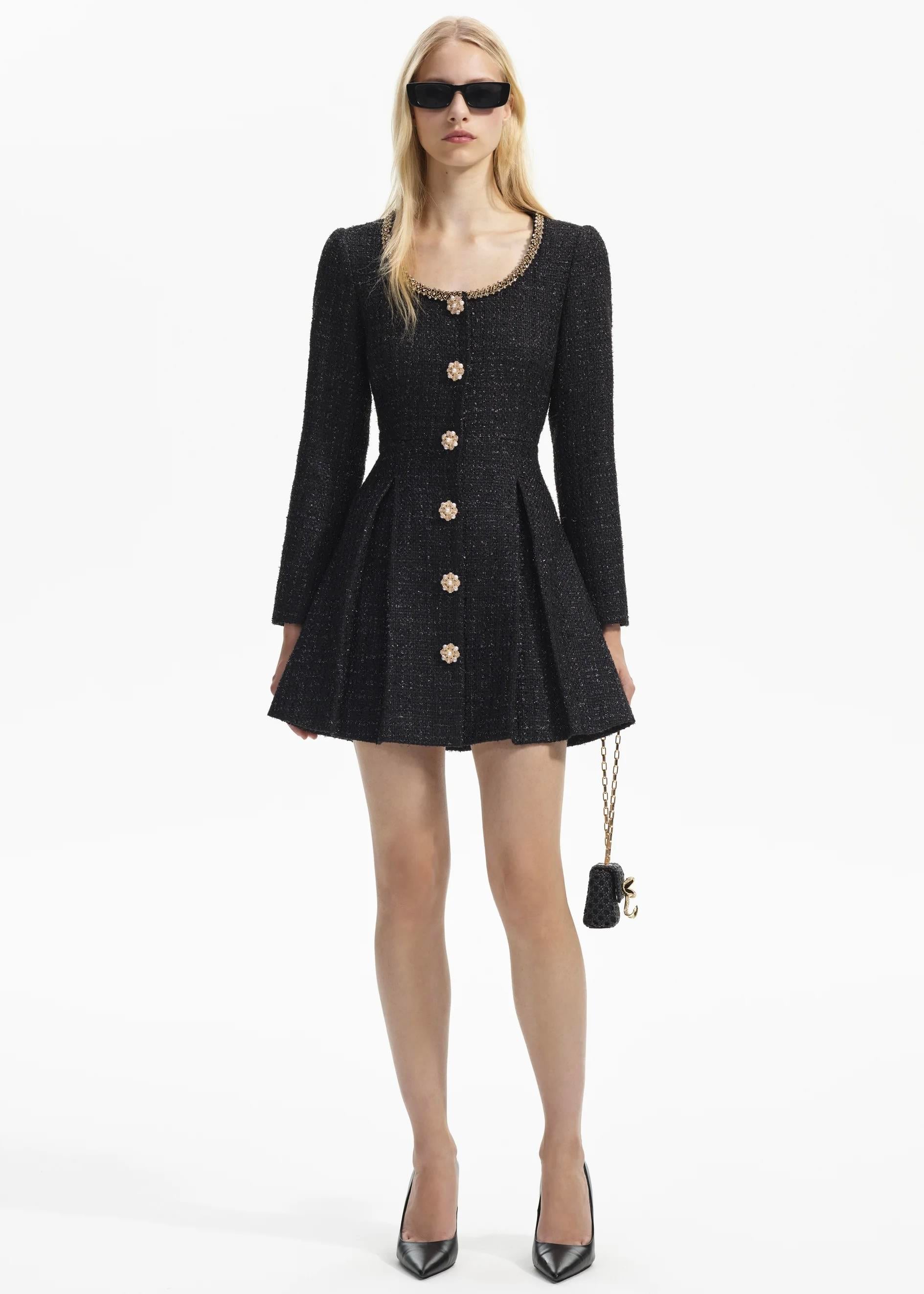 Gold Düğme Detaylı Siyah Mini Elbise