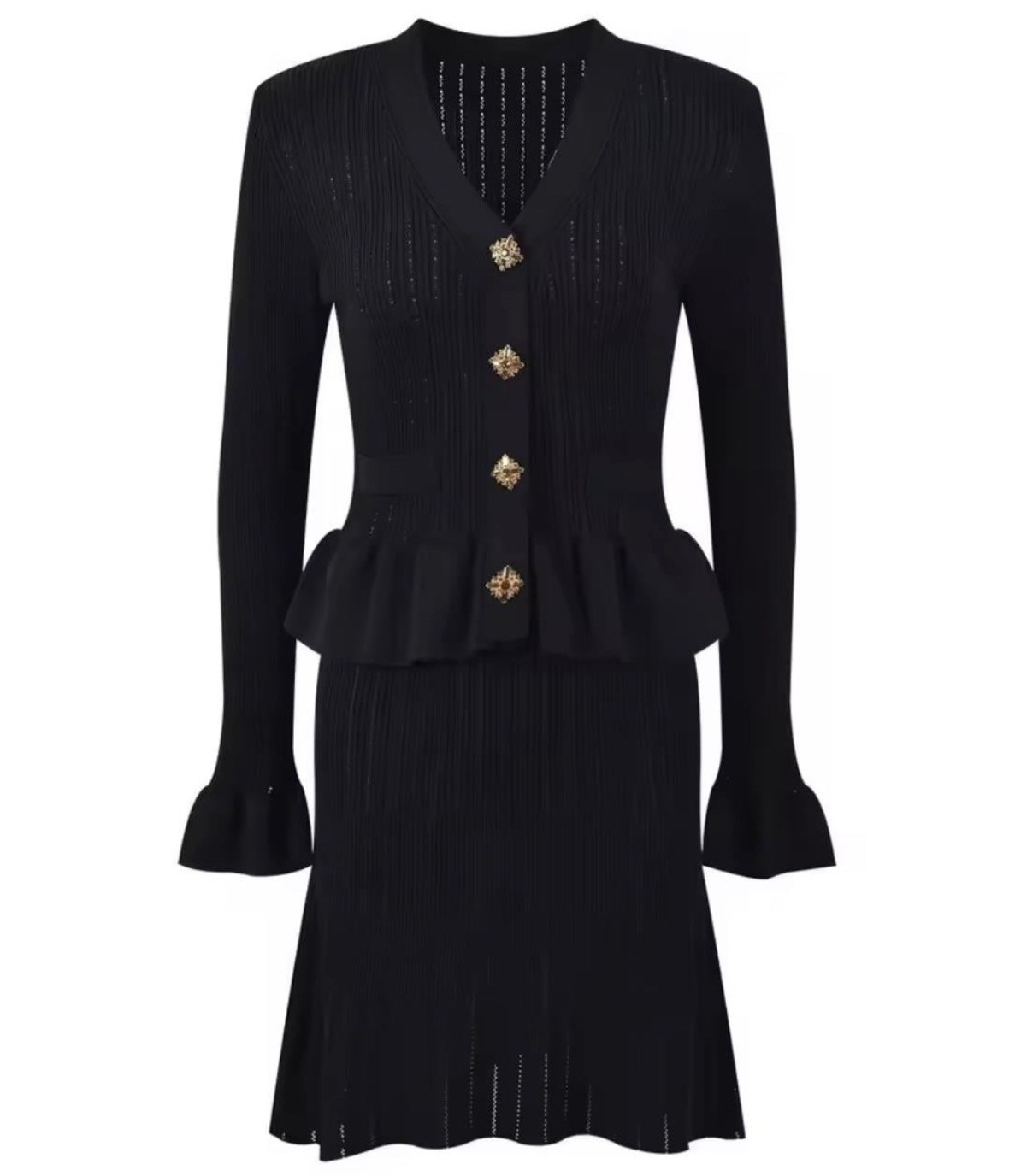 Gold Düğme Detaylı Siyah Triko Mini Elbise