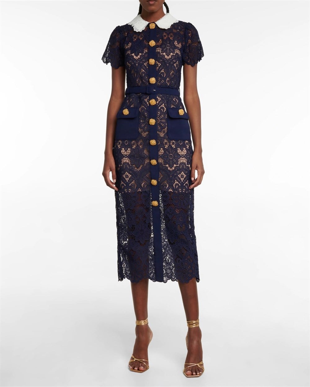 Gold Düğmeli Güpür Lacivert Midi Elbise