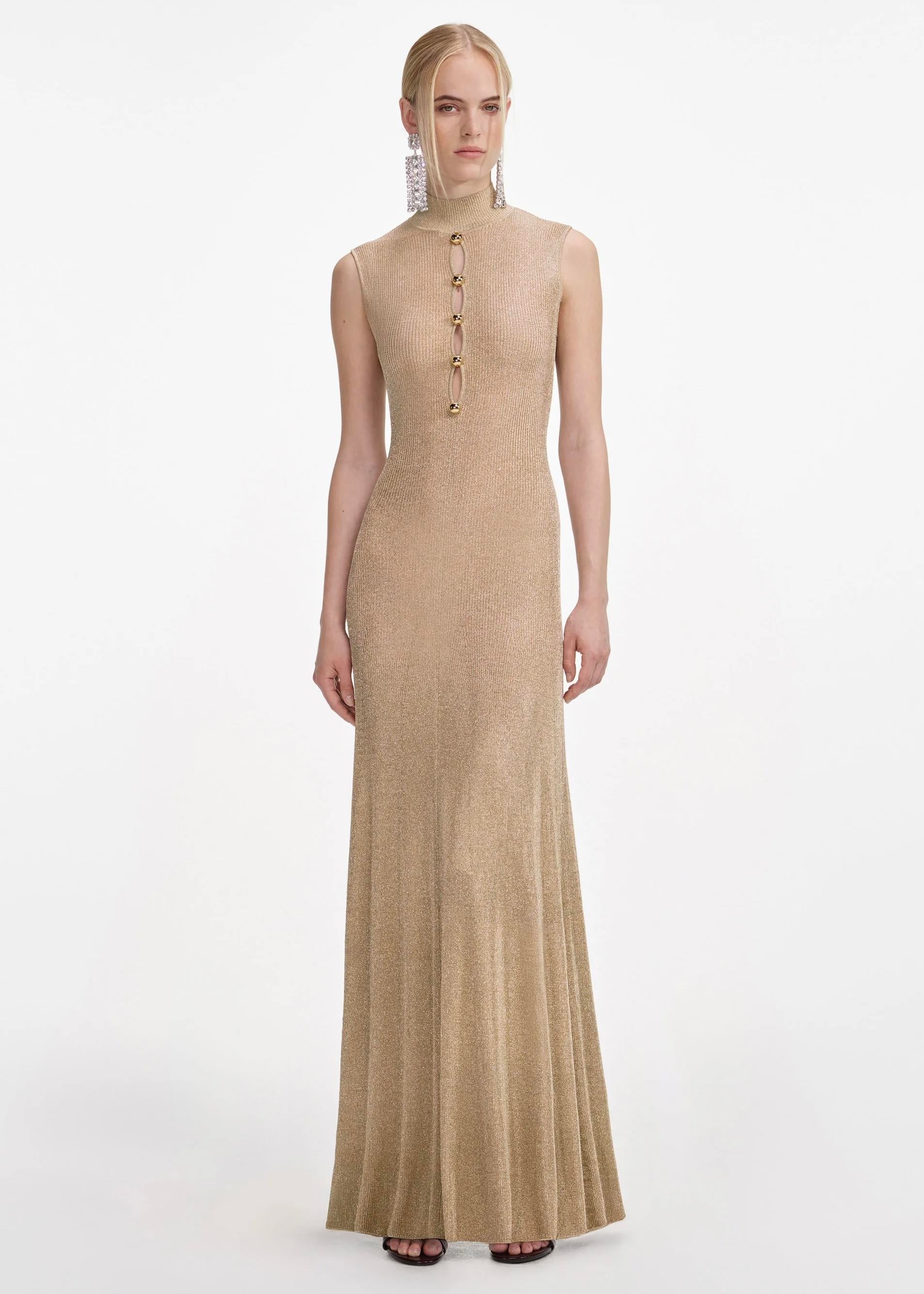 Gold Düğmeli Maksi Triko Elbise