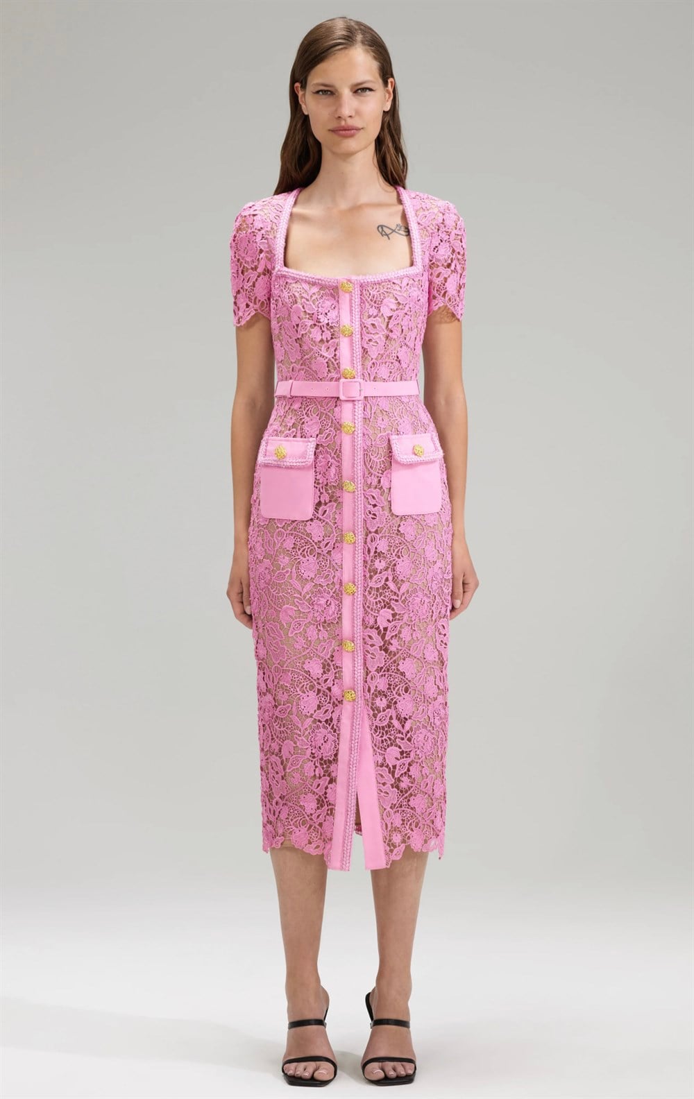 Gold Düğmeli Pembe Midi Elbise