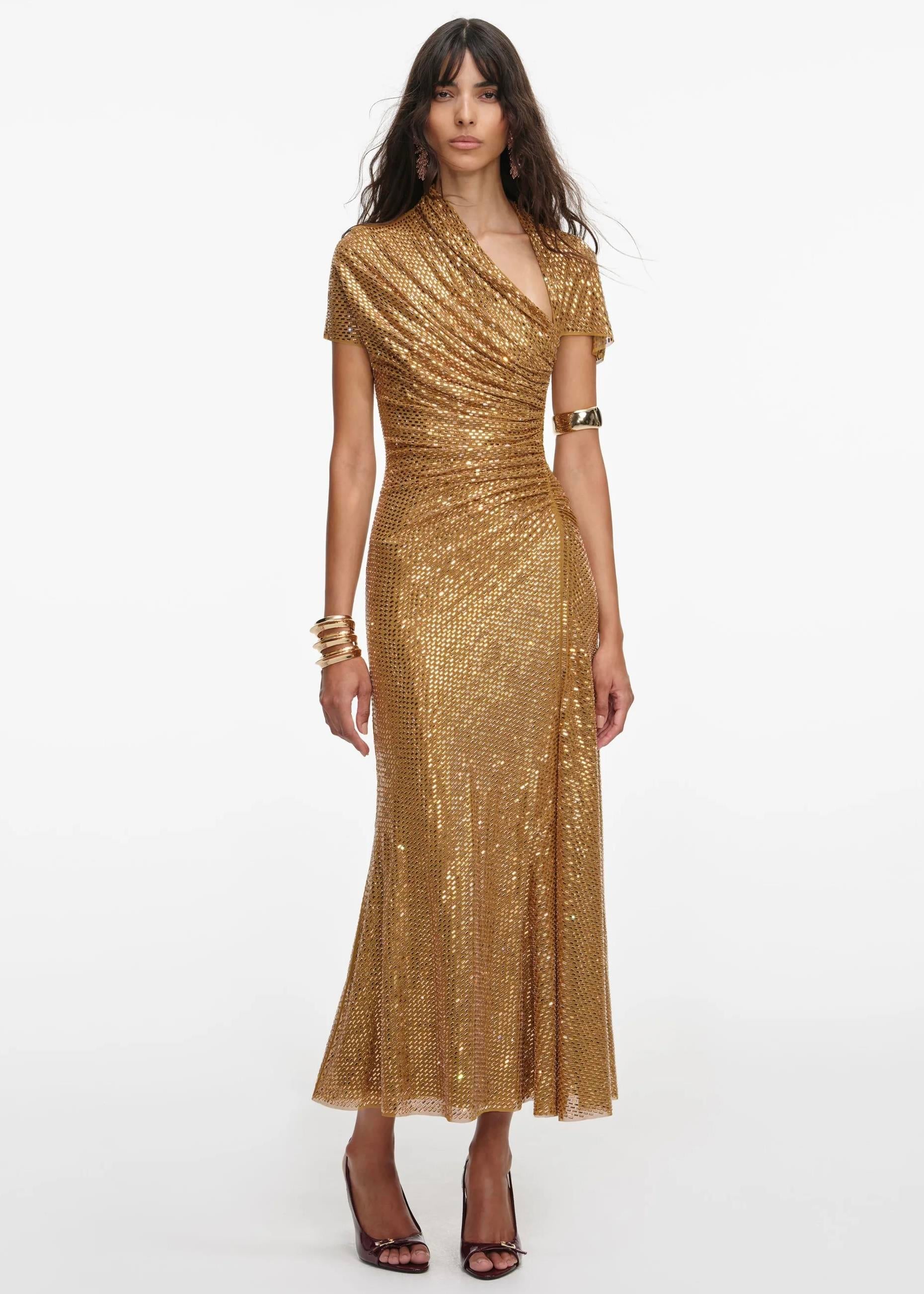 Gold Kristal Taşlı Midi Elbise