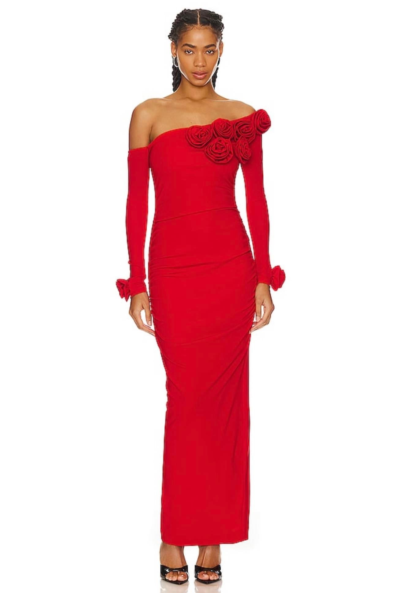 Gül Detaylı Kayık Yaka Kırmızı Maksi Elbise