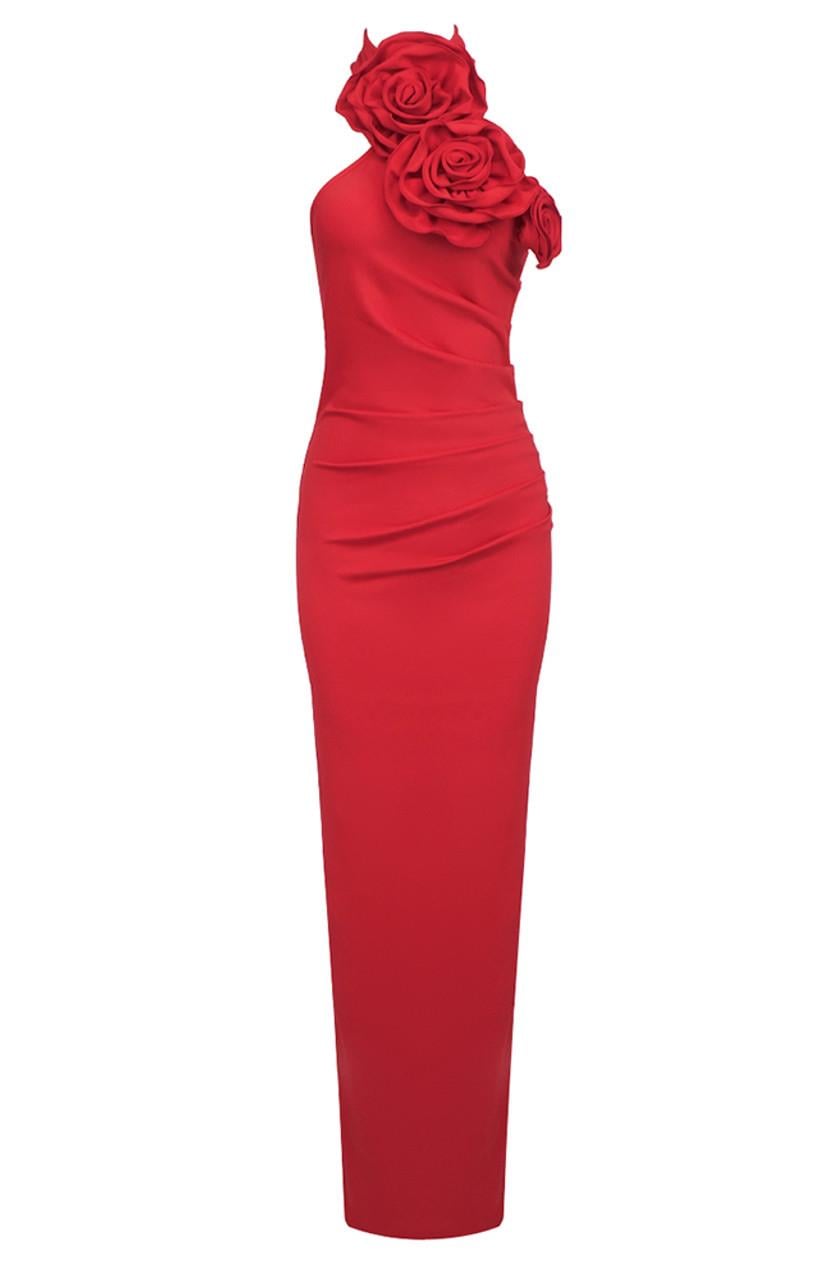 Gül Detaylı Kırmızı Maksi Elbise