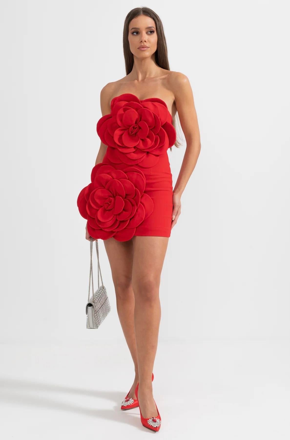 Gül Detaylı Kırmızı Mini Elbise