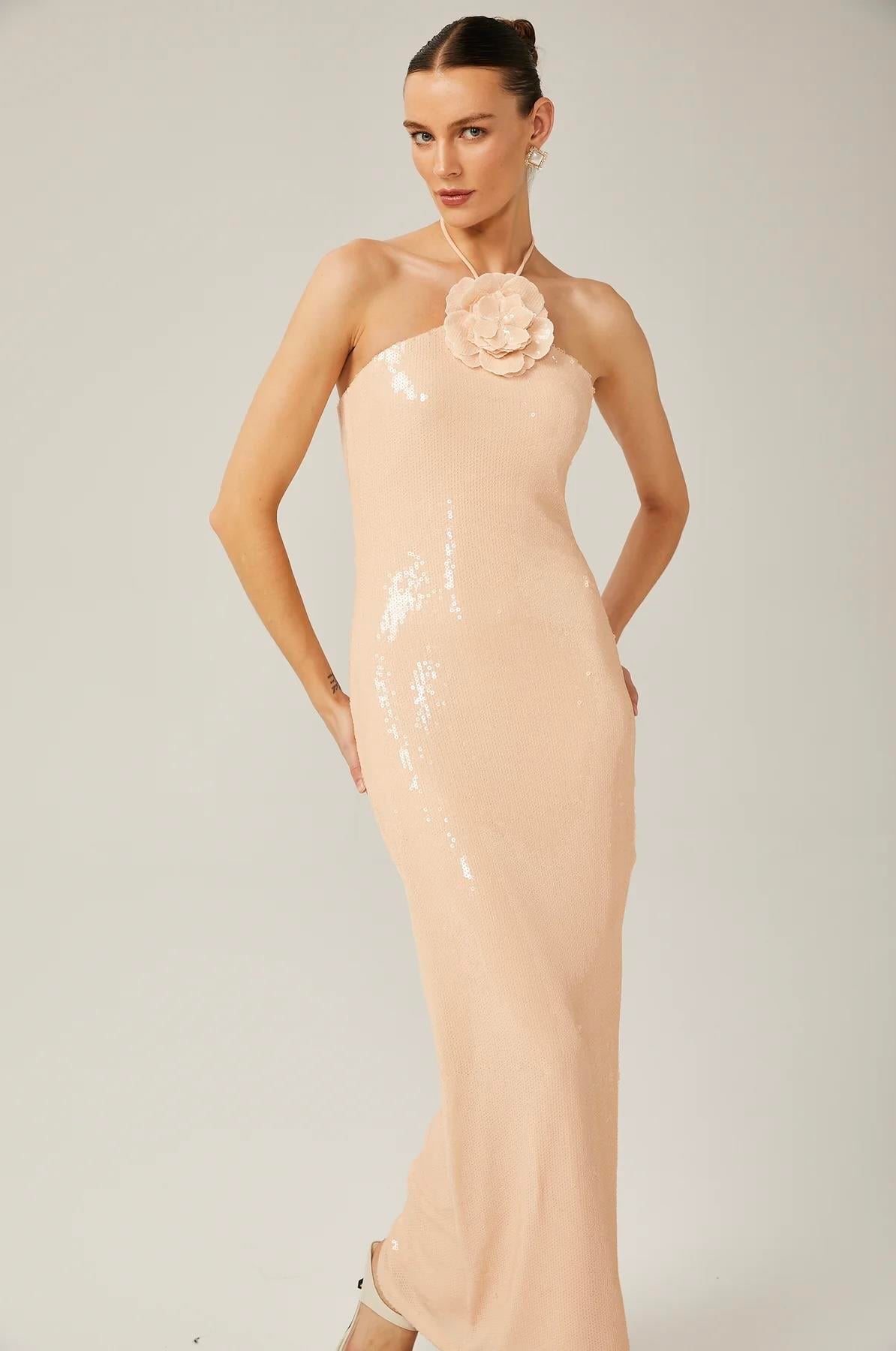 Gül Detaylı Payetli Maksi Elbise