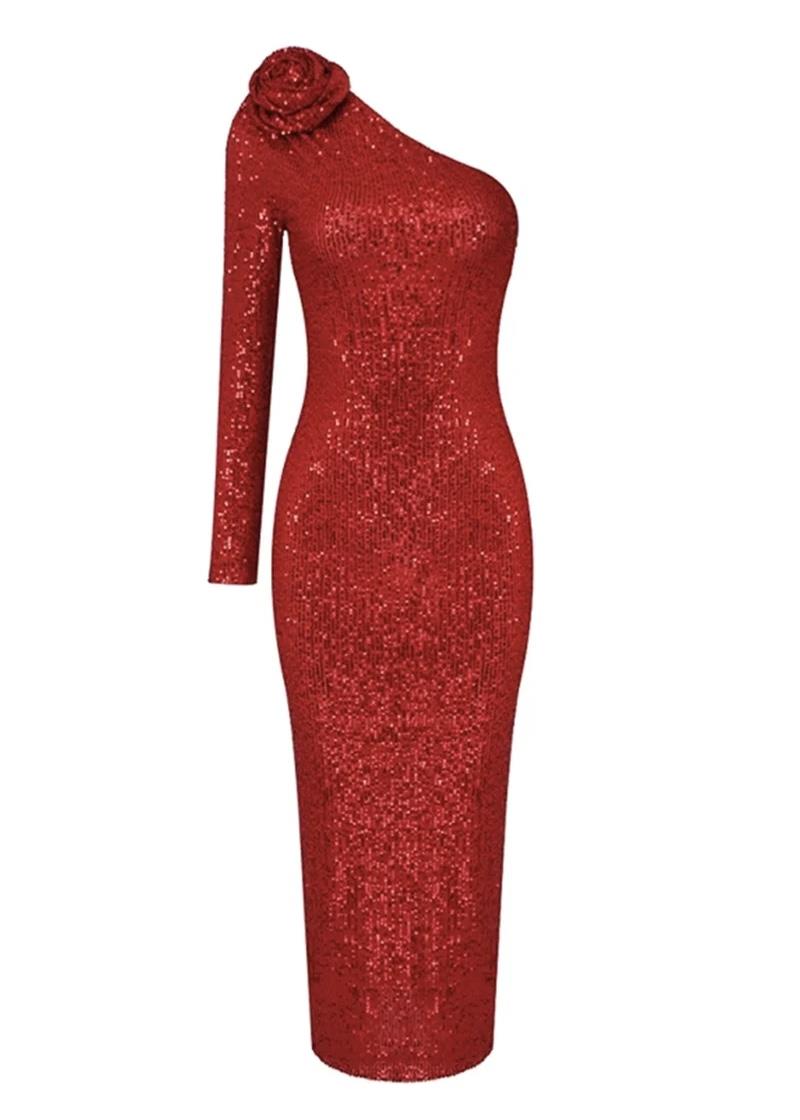 Gül Detaylı Payetli Midi Elbise