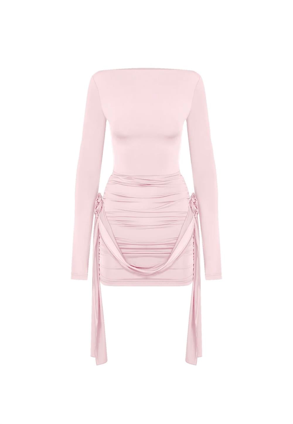 Gül Detaylı Pembe Mini Elbise