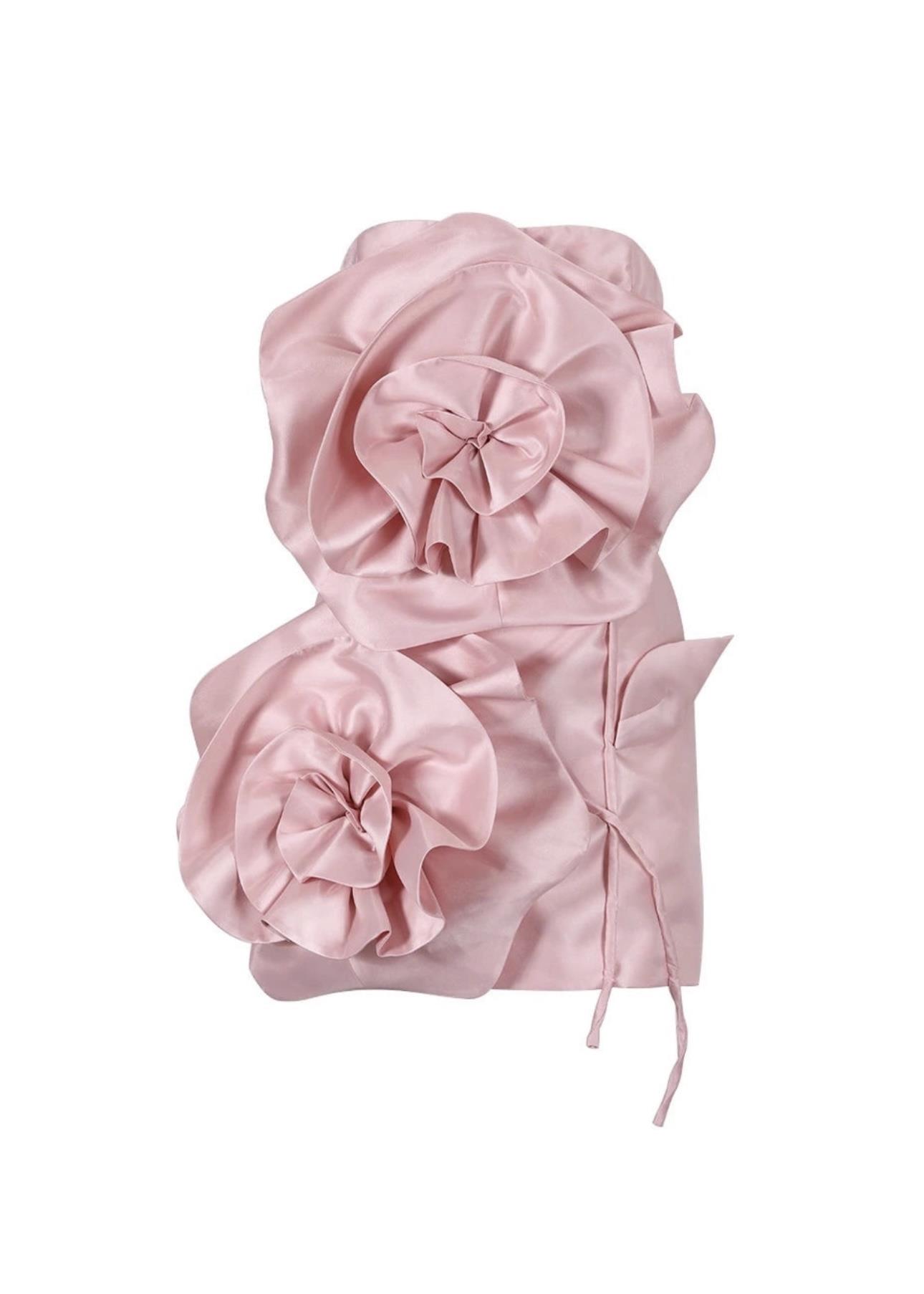 Gül Detaylı Pembe Mini Elbise