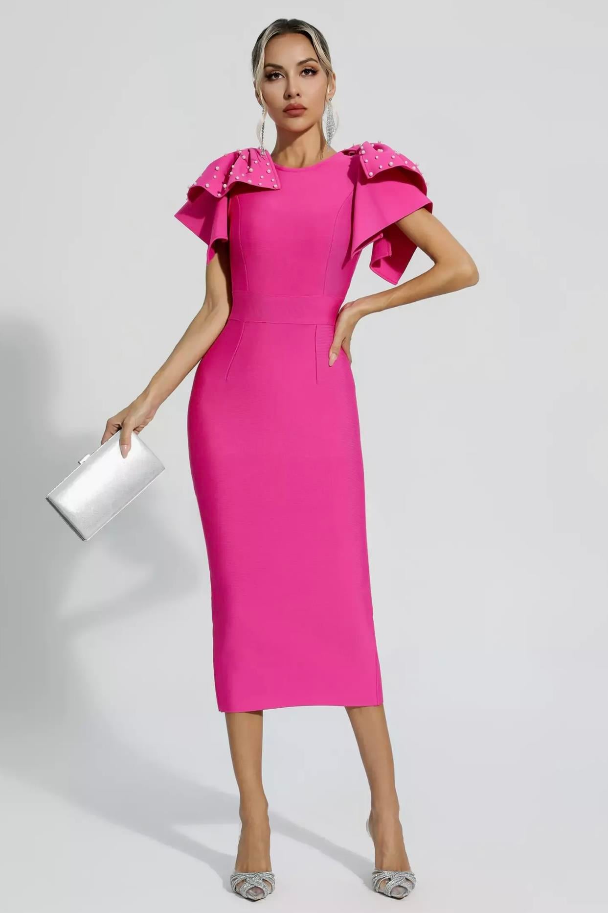 İnci Detaylı Pembe Midi Elbise