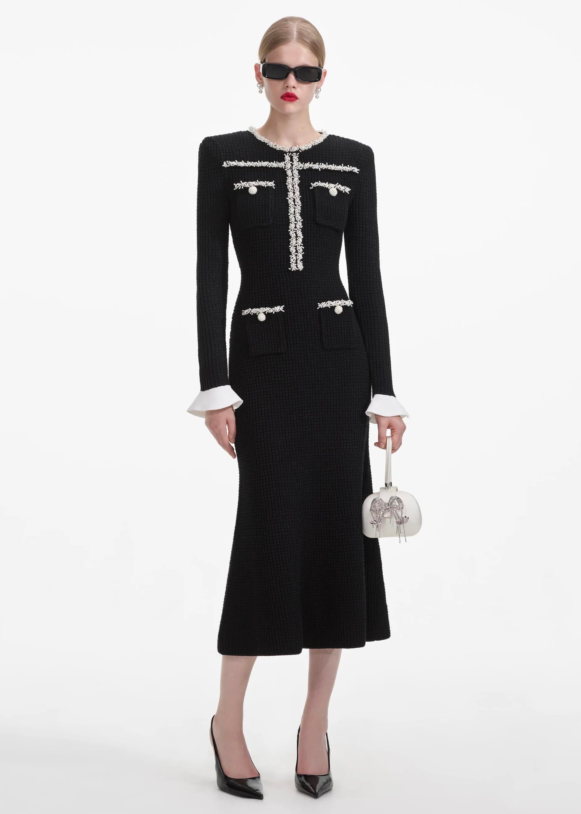 İnci Detaylı Siyah Midi Triko Elbise