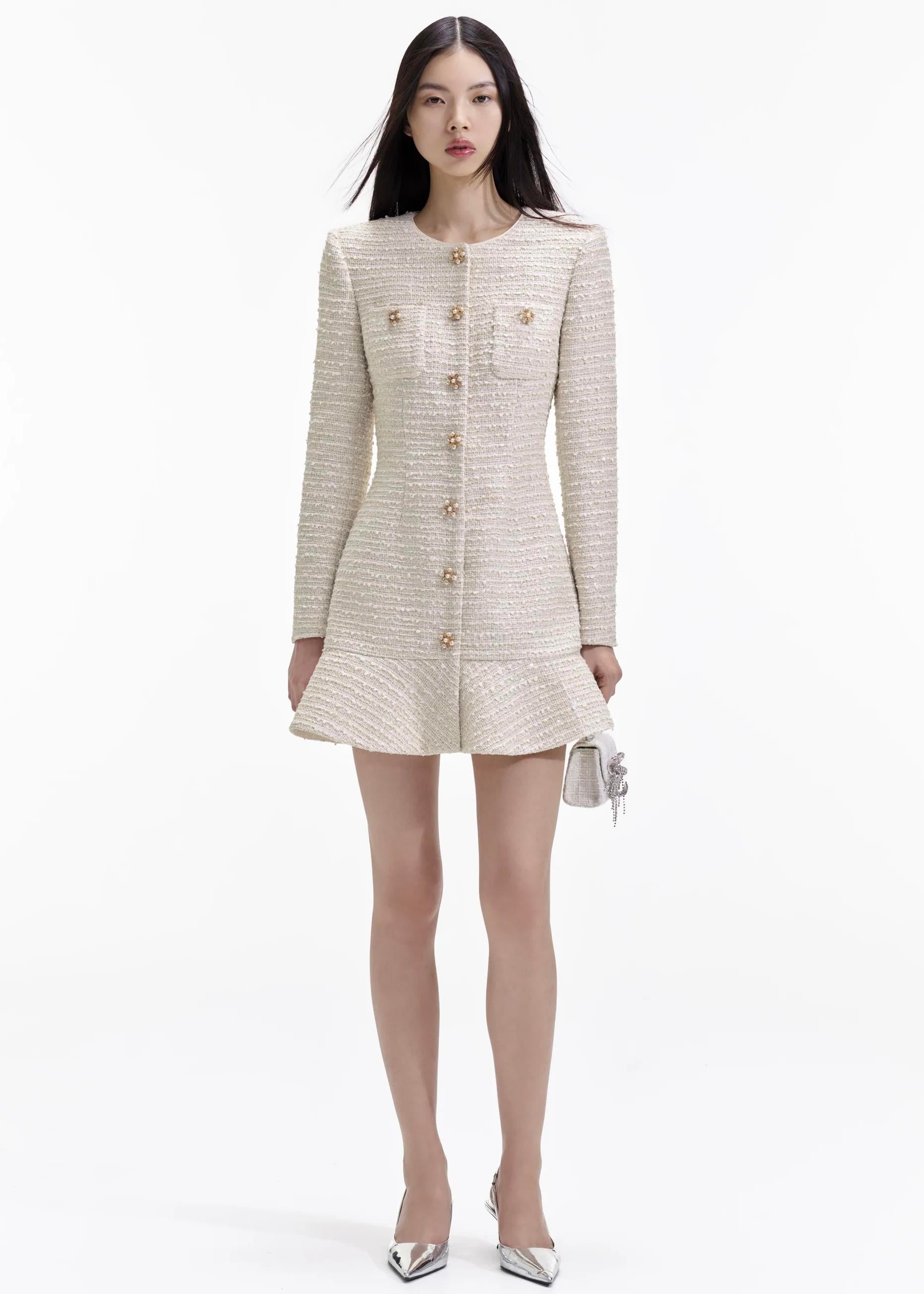 İnci Düğmeli Mini Tüvid Elbise