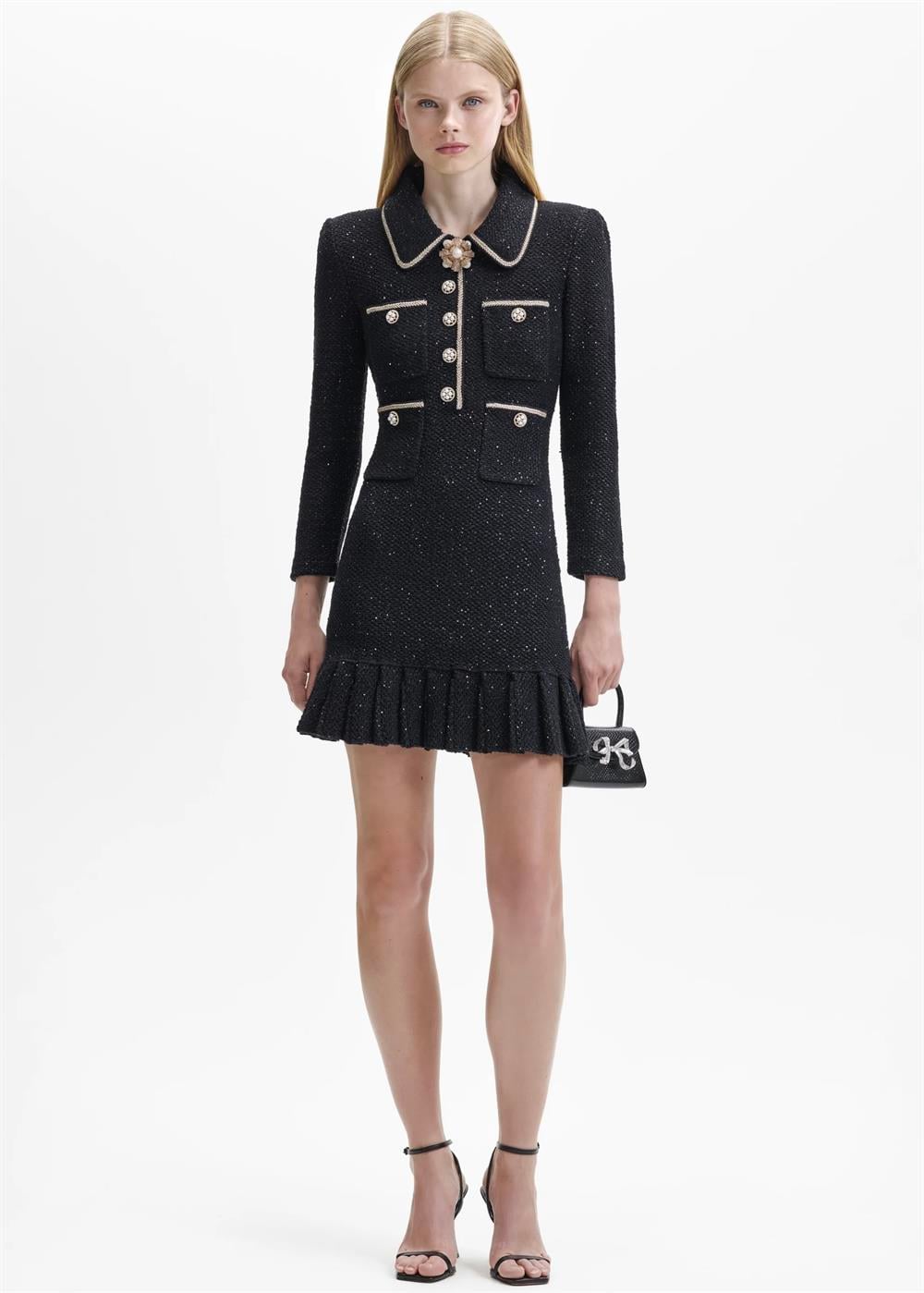 İnci Düğmeli Siyah Işıltılı Mini Elbise