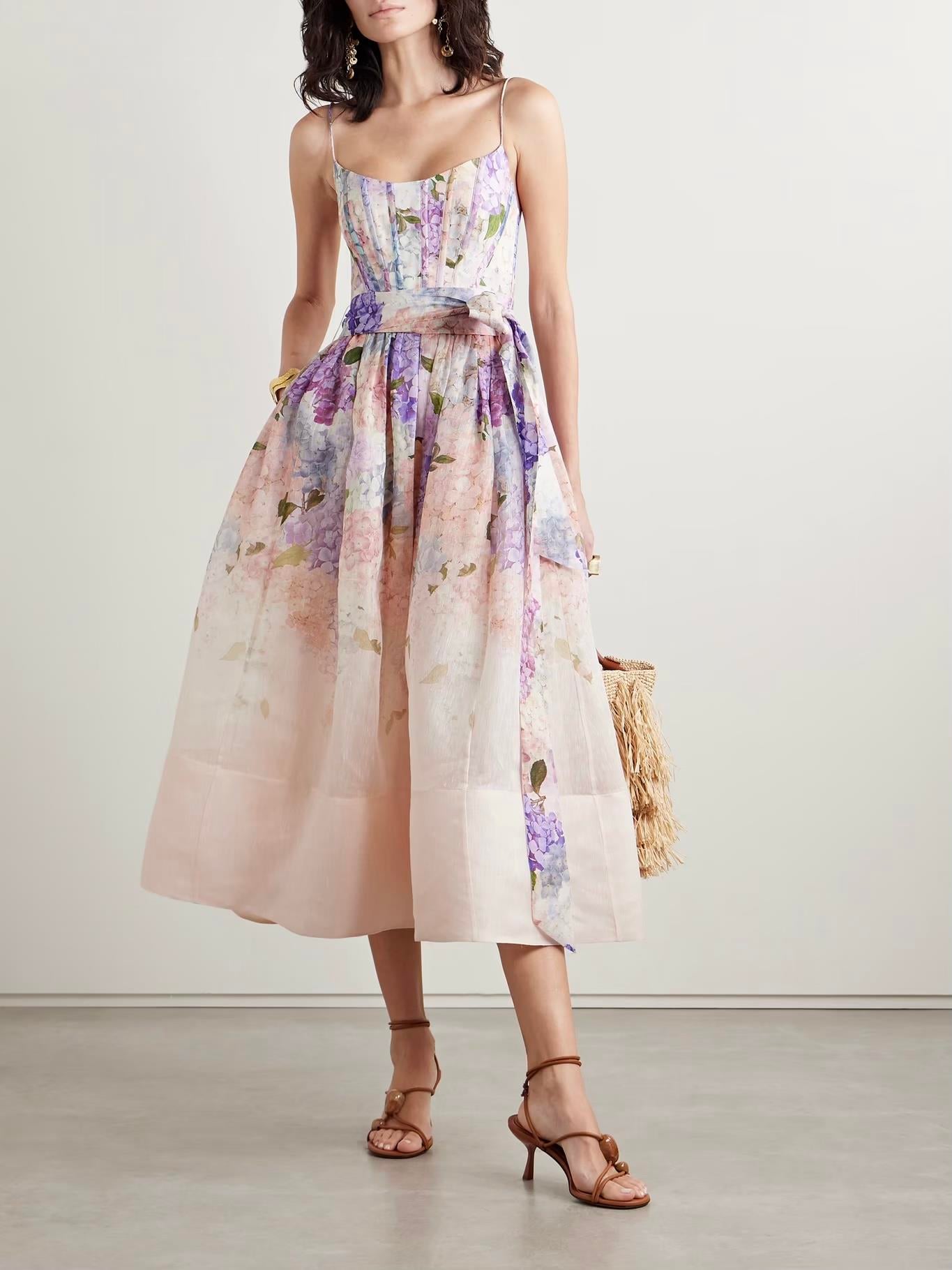 İp Askılı Çiçek Desenli Midi Elbise