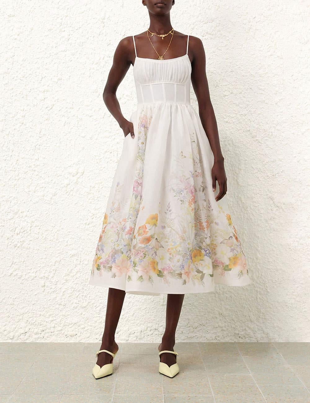 İp Askılı Çiçek Desenli Midi Elbise