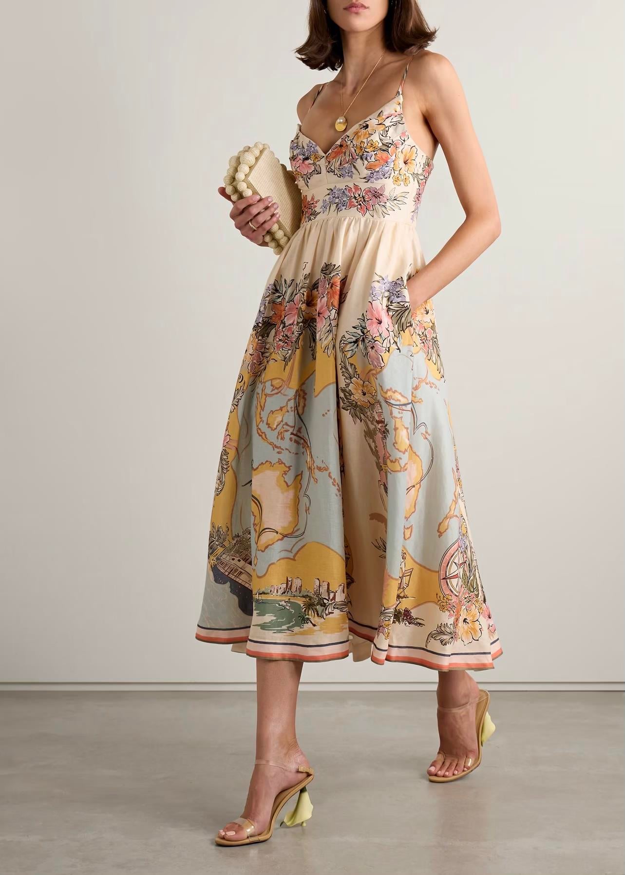 İp Askılı Desenli Midi Elbise