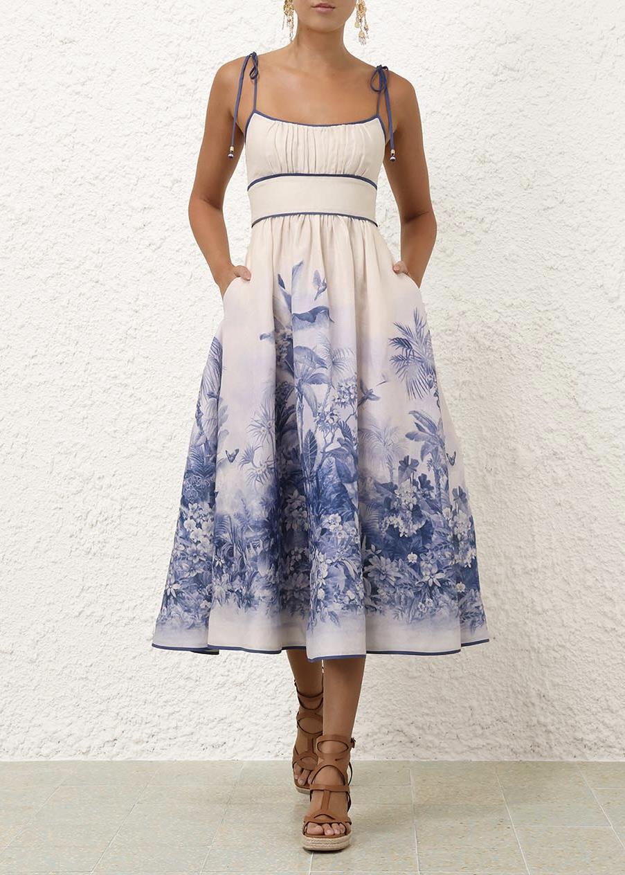 İp Askılı Desenli Midi Elbise