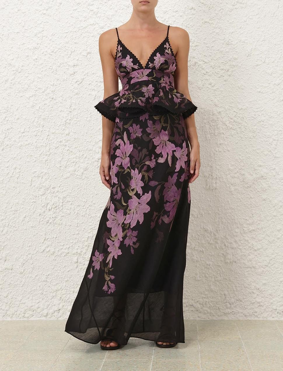 İp Askılı Desenli Siyah Maksi Elbise