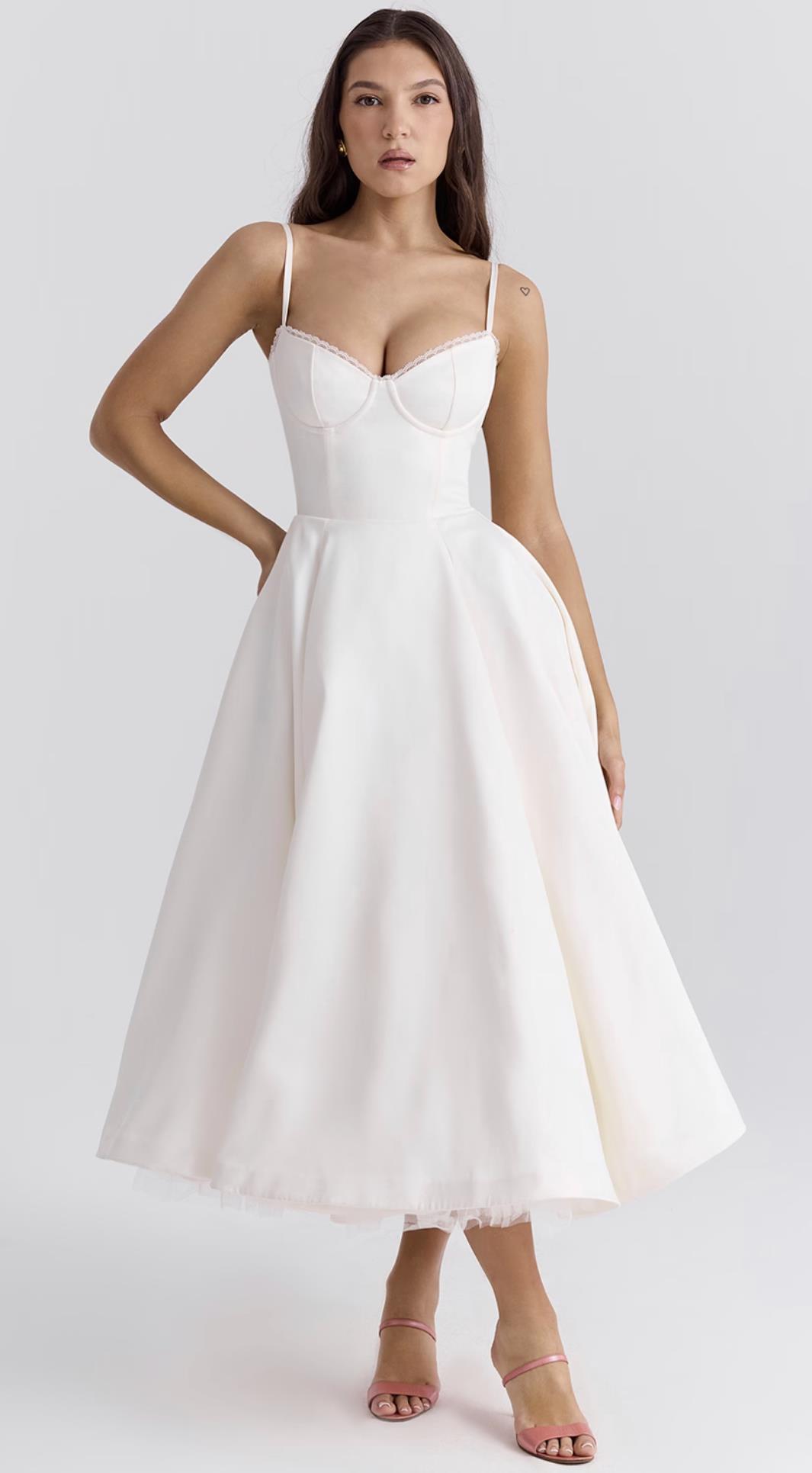 İp Askılı Kuplu Ekru Midi Elbise
