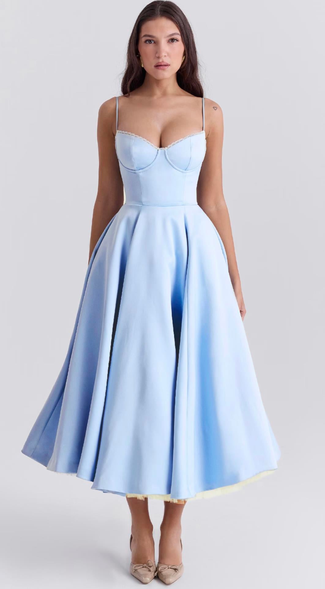 İp Askılı Kuplu Mavi Midi Elbise