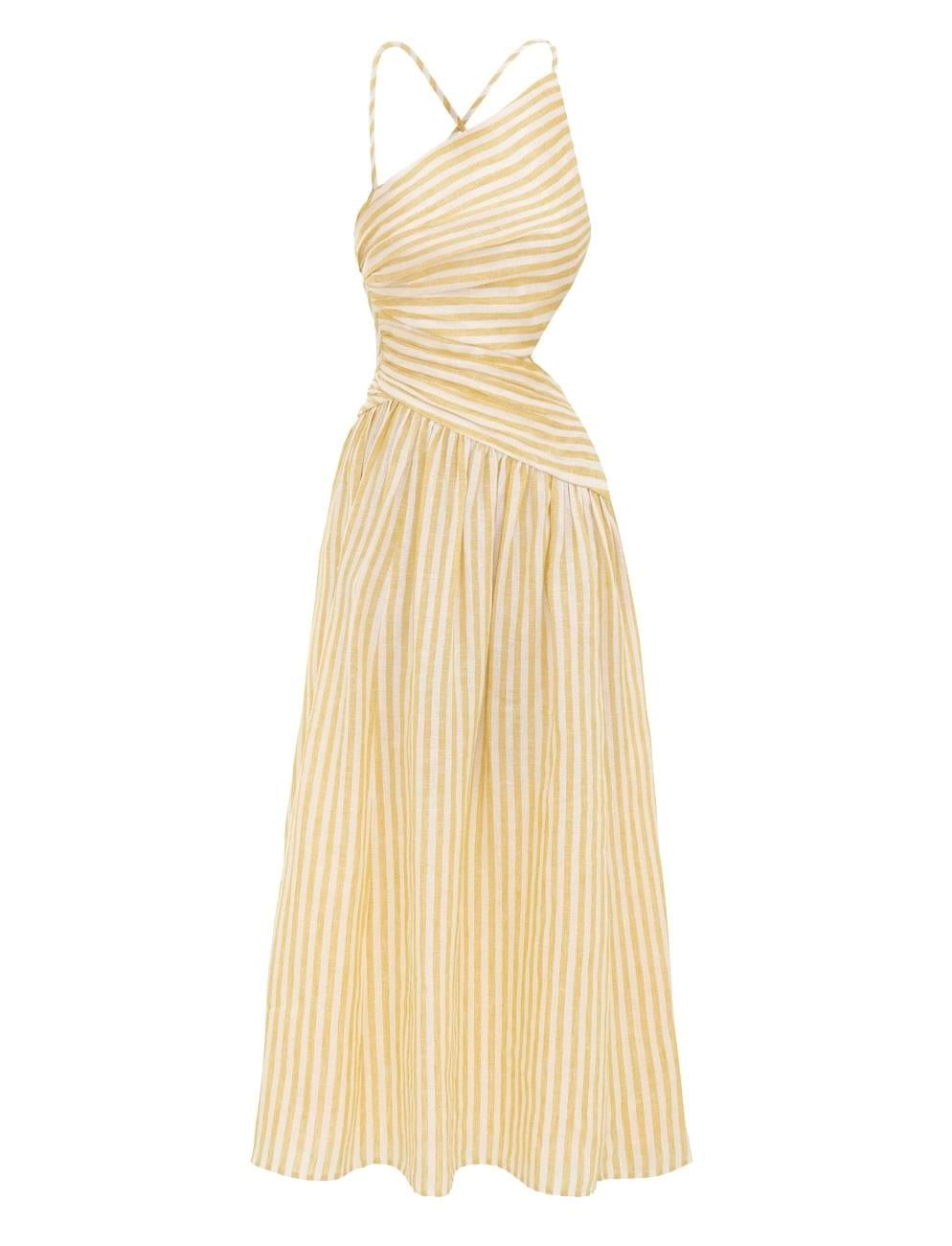 İp Askılı Sarı Çizgili Midi Elbise