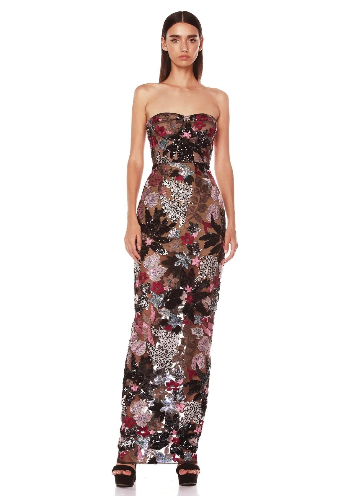 İşlemeli Straplez Maksi Elbise