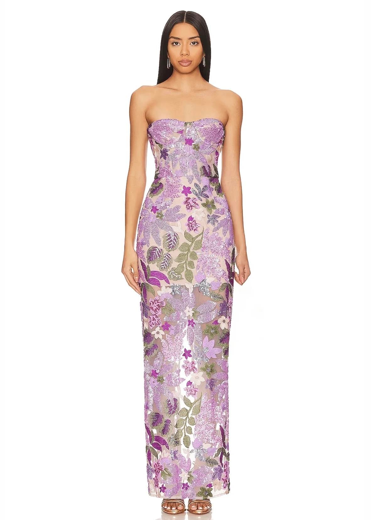 İşlemeli Straplez Maksi Elbise