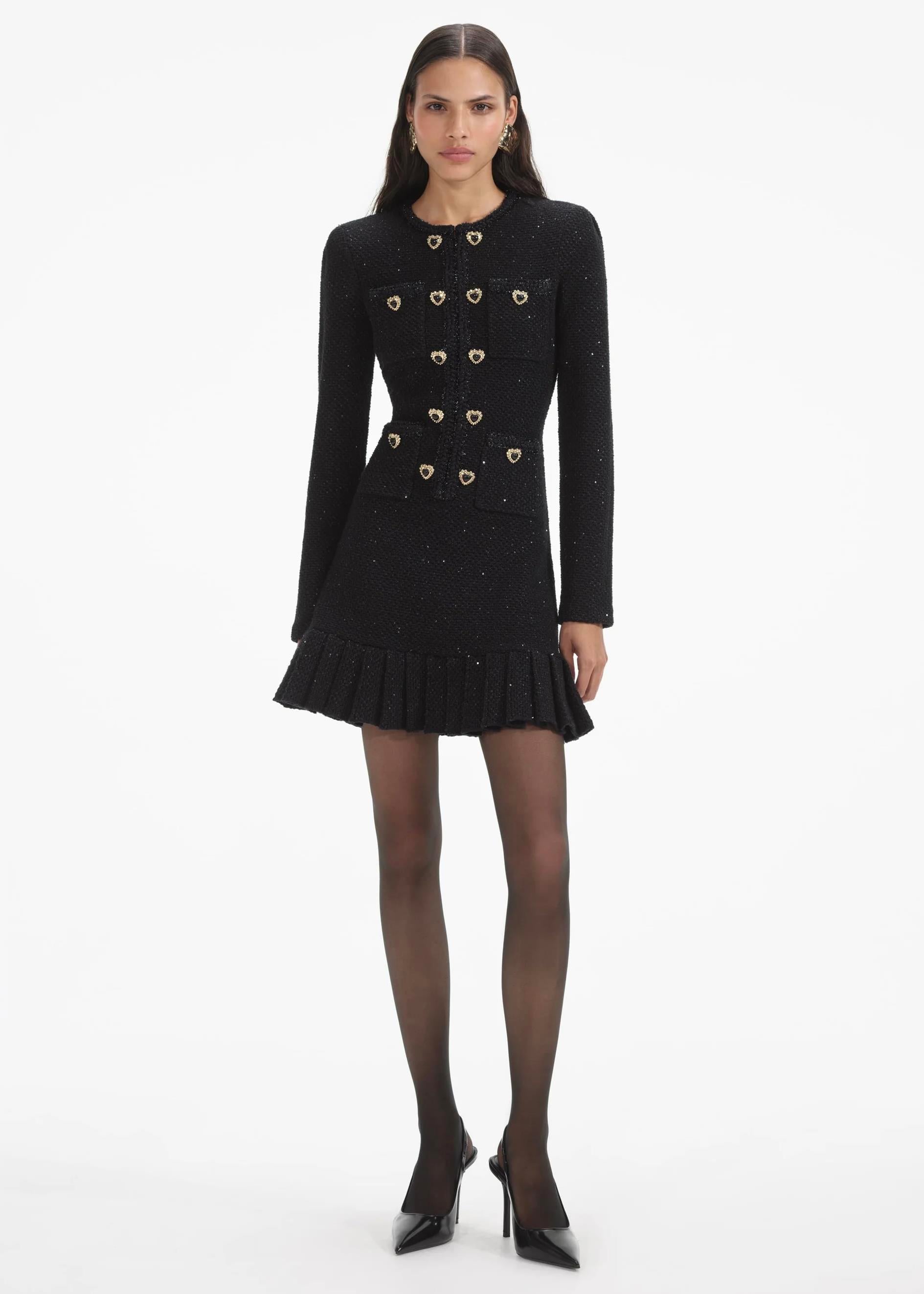 Kalpli Düğmeli Siyah Triko Mini Elbise