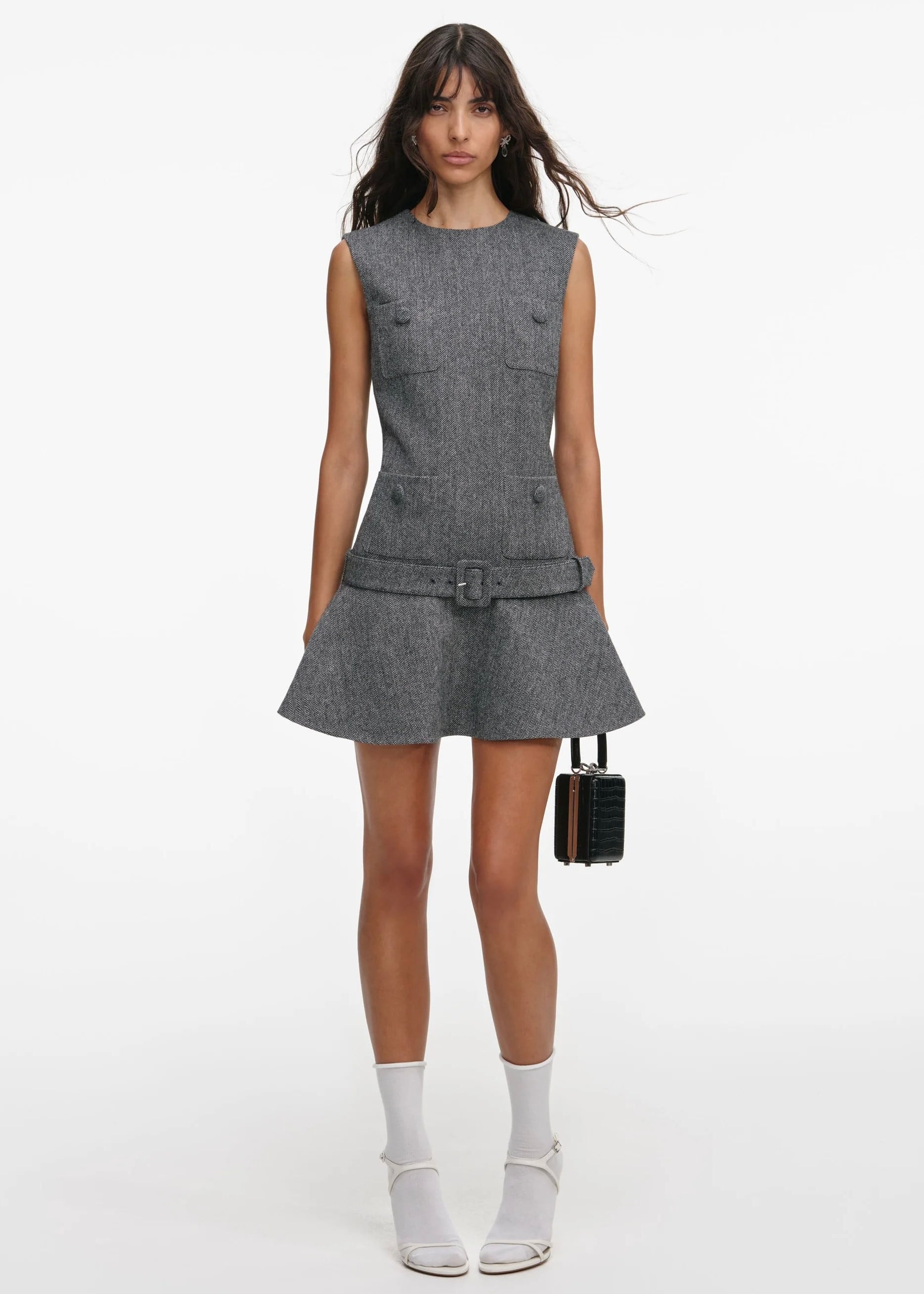 Kemerli Kolsuz Gri Mini Elbise