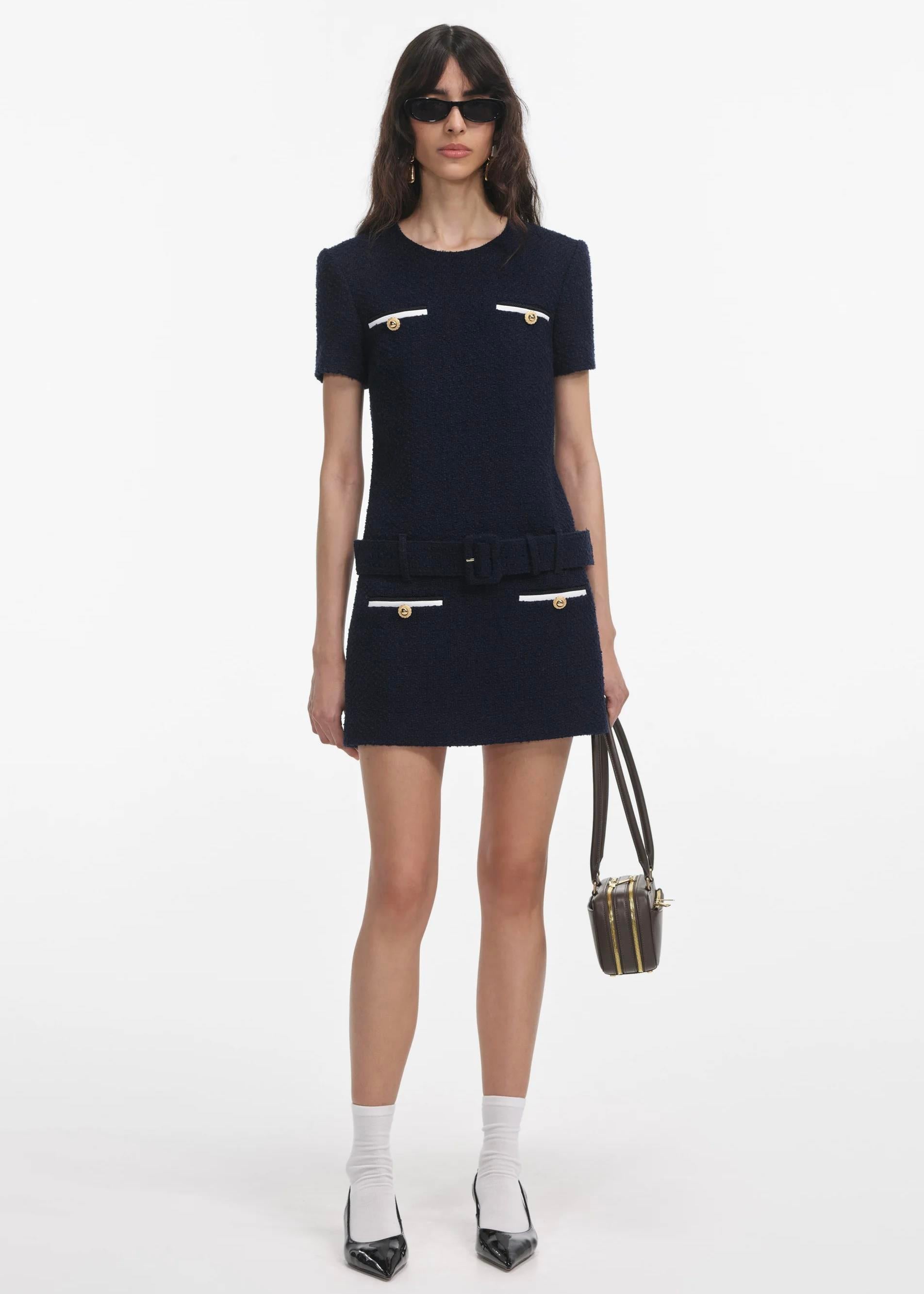 Kemerli Lacivert Tüvit Mini Elbise