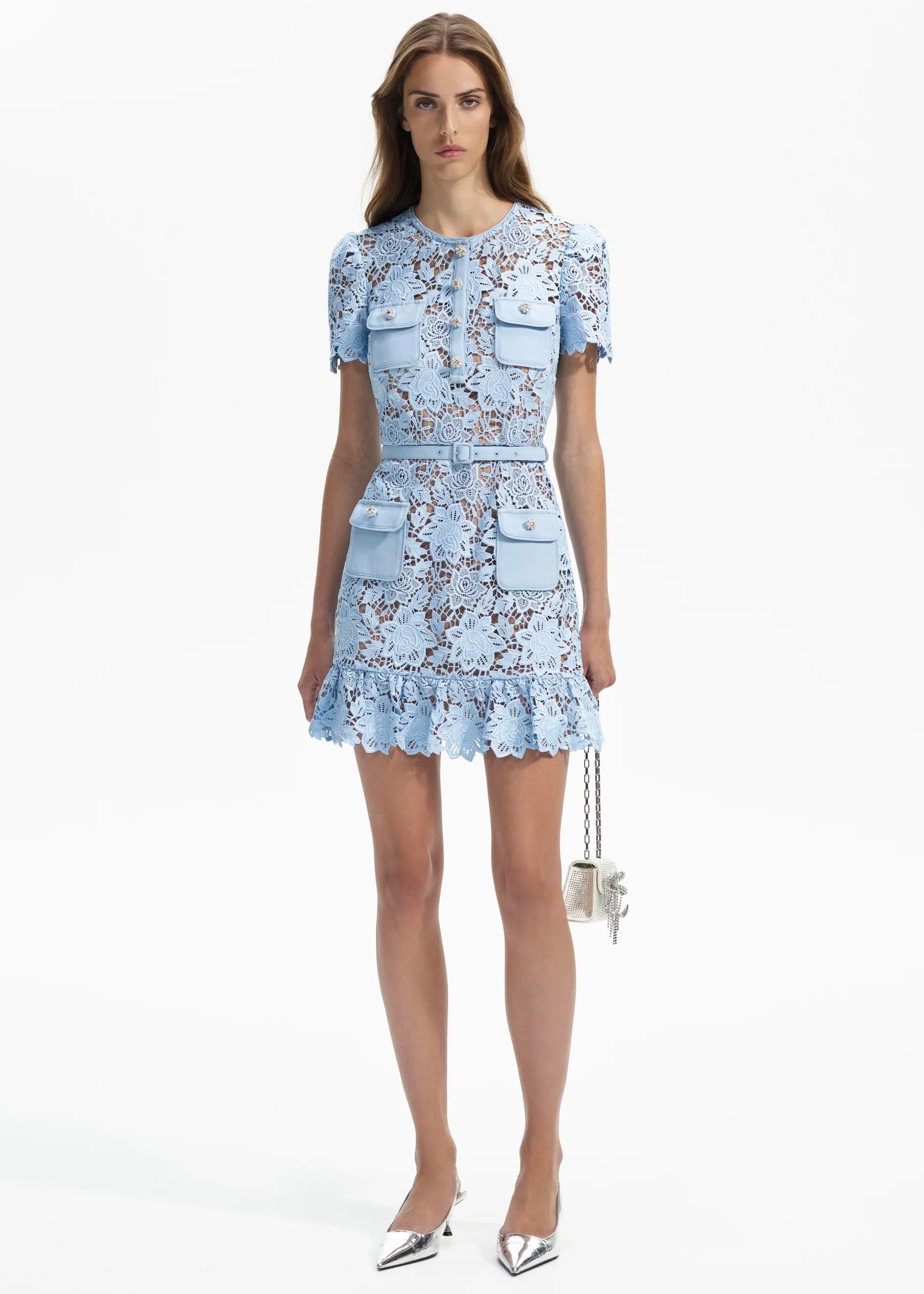 Kemerli Mavi Dantel Mini Elbise
