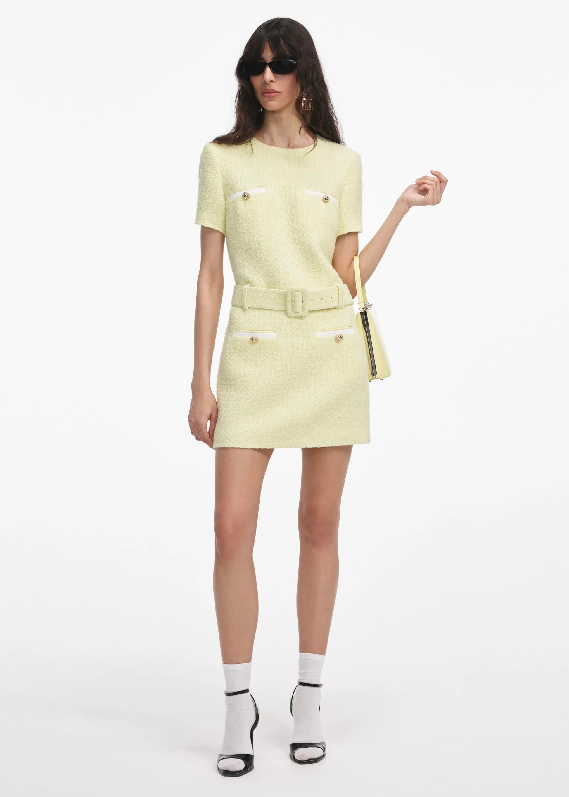 Kemerli Sarı Tüvit Mini Elbise