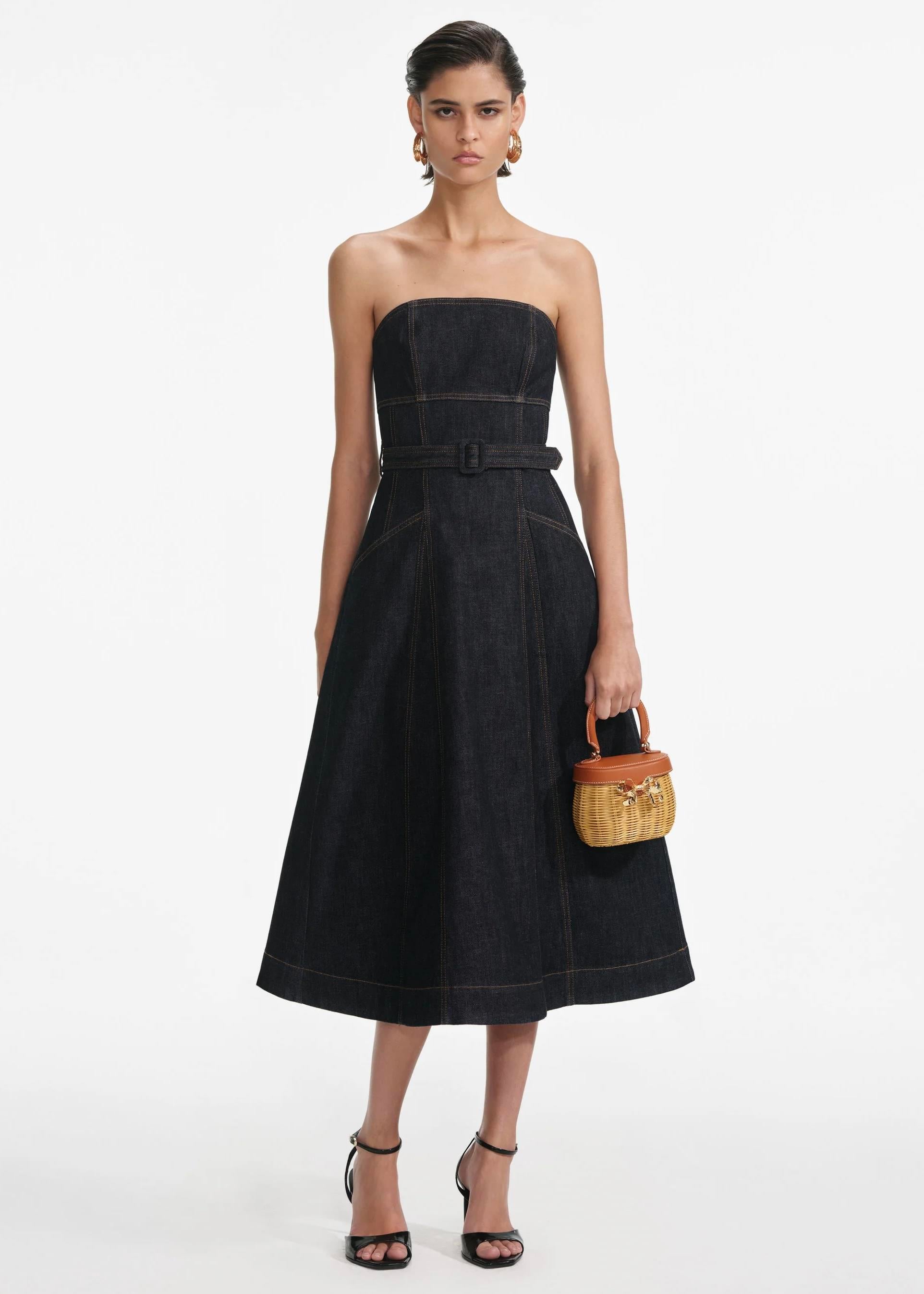 Kemerli Straplez Denim Midi Elbise