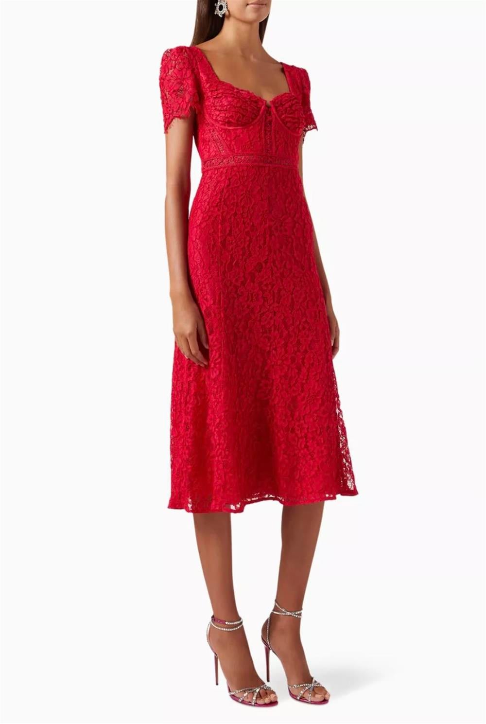 Kırmızı Dantel Midi Elbise