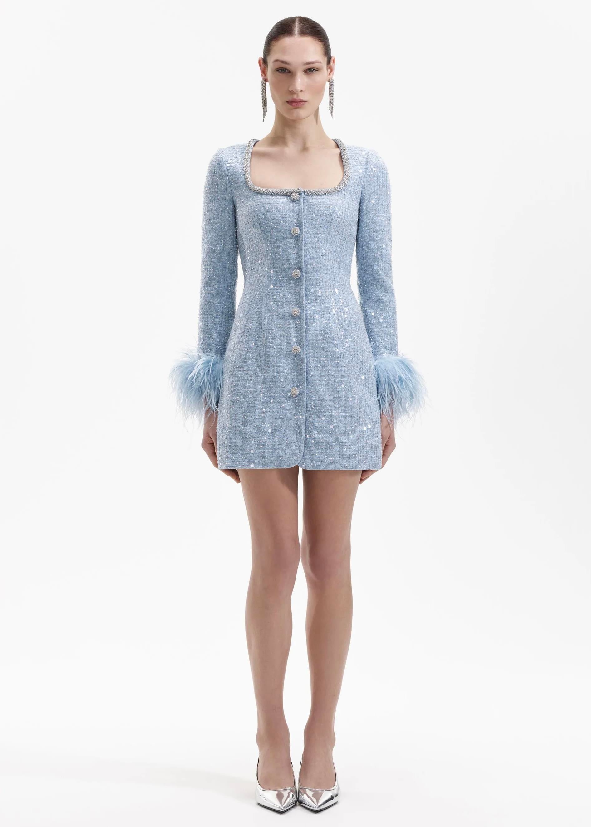 Kolları Otrişli Mavi Tüvit Mini Elbise