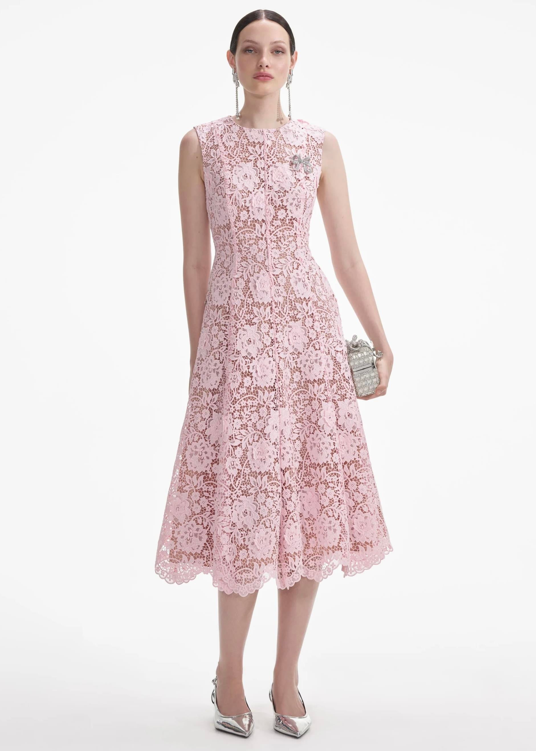 Kolsuz Pembe Güpür Midi Elbise