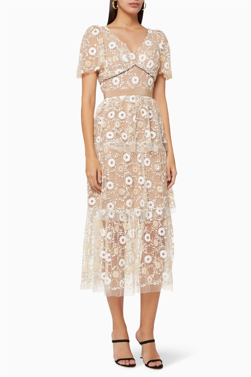 Krem Payetli Midi Boy Elbise