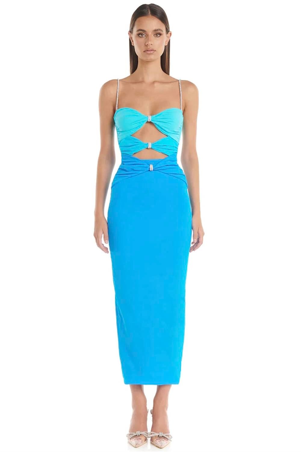 Kristal Askılı Mavi Jarse Elbise