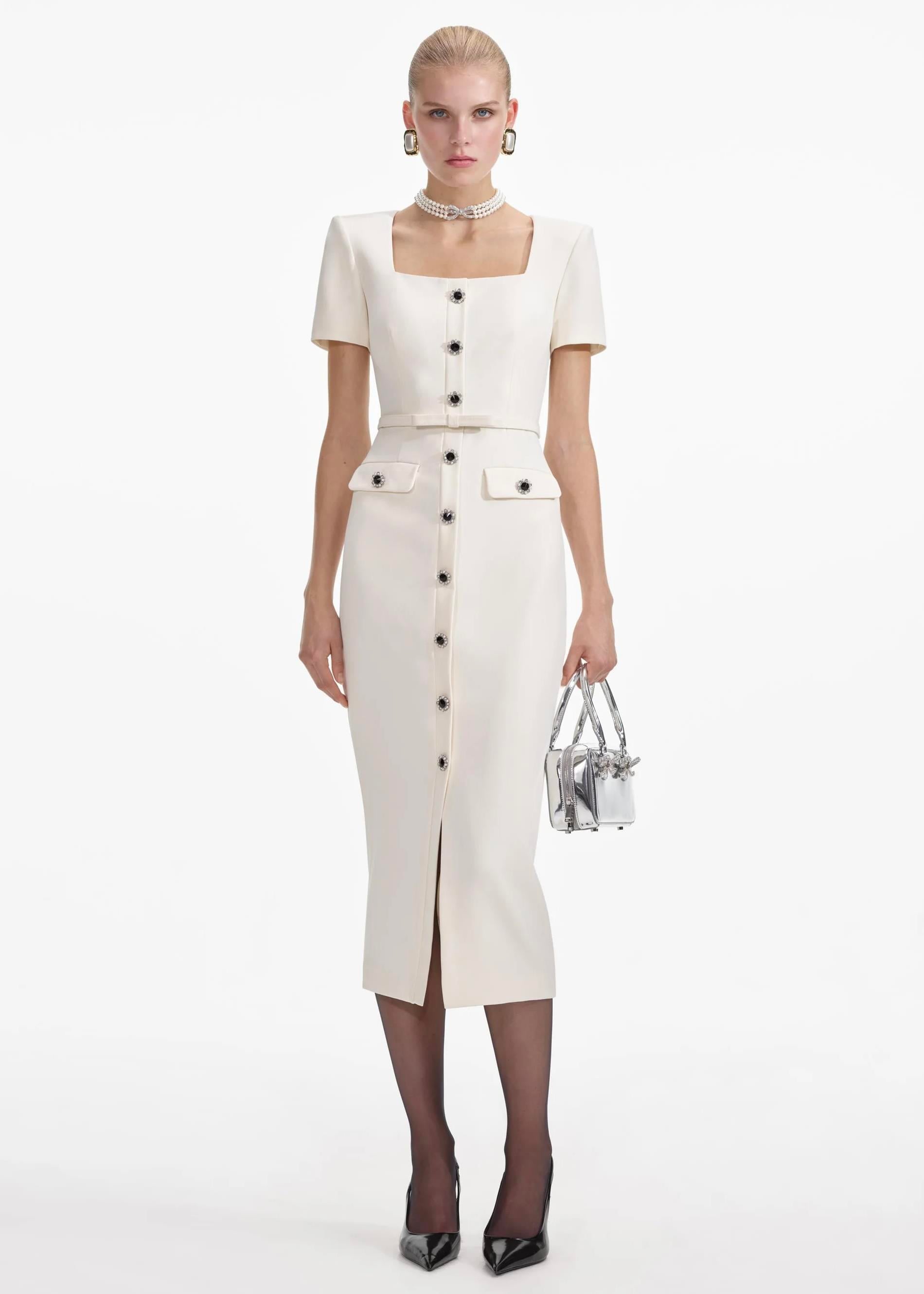 Kristal Düğme Detaylı Midi Elbise