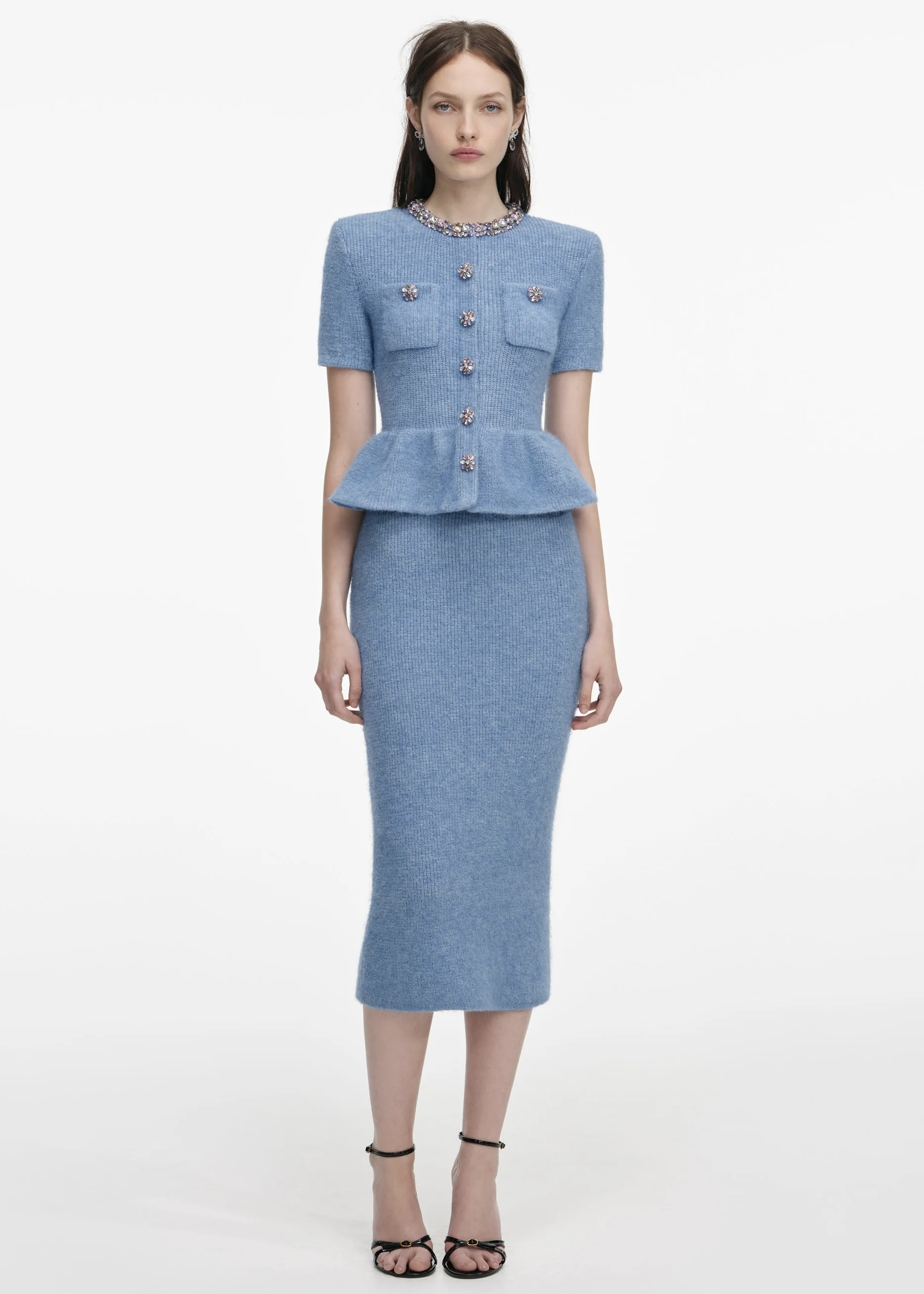 Kristal Düğmeli Mavi Midi Elbise