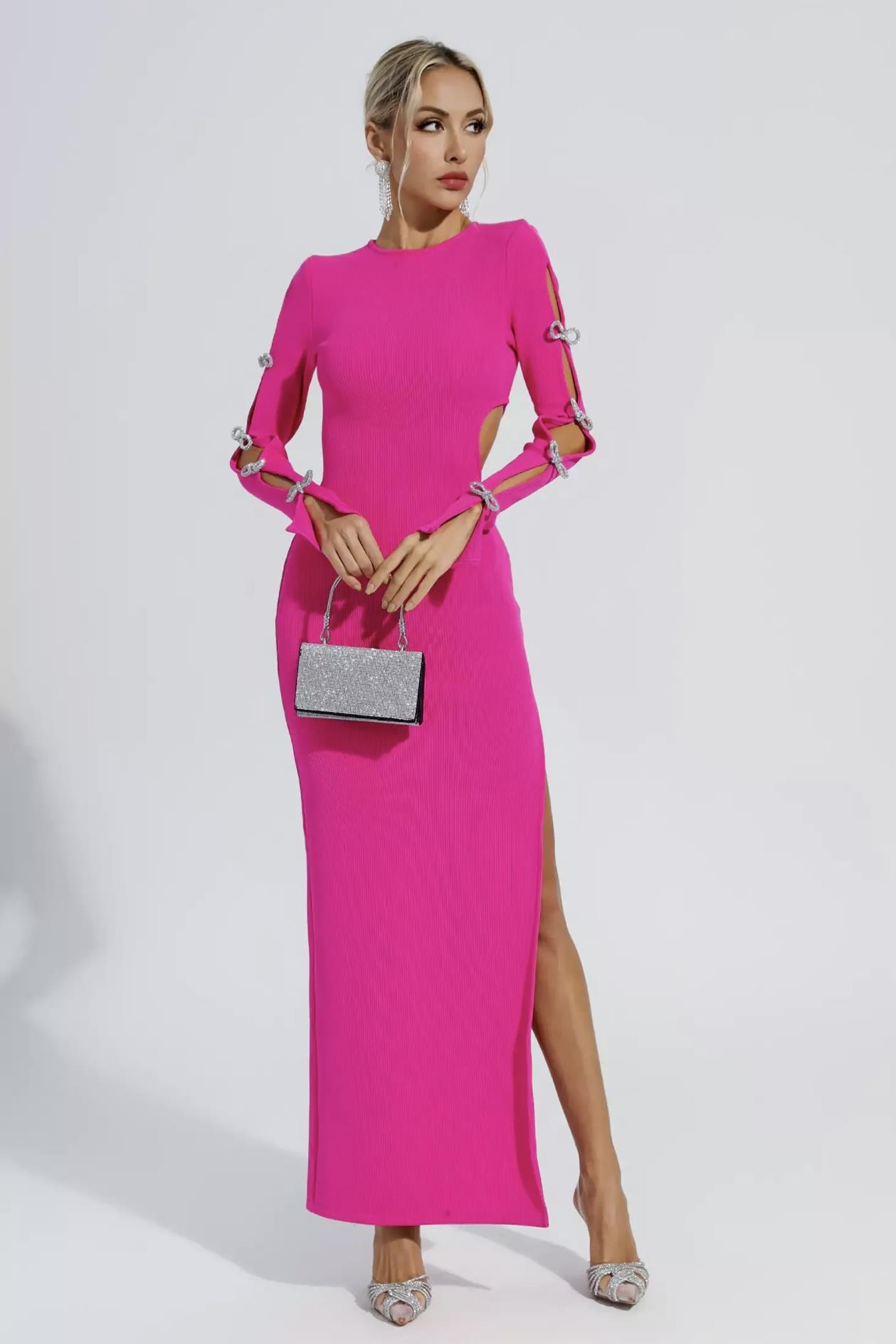 Kristal Fiyonklu Pembe Maksi Elbise